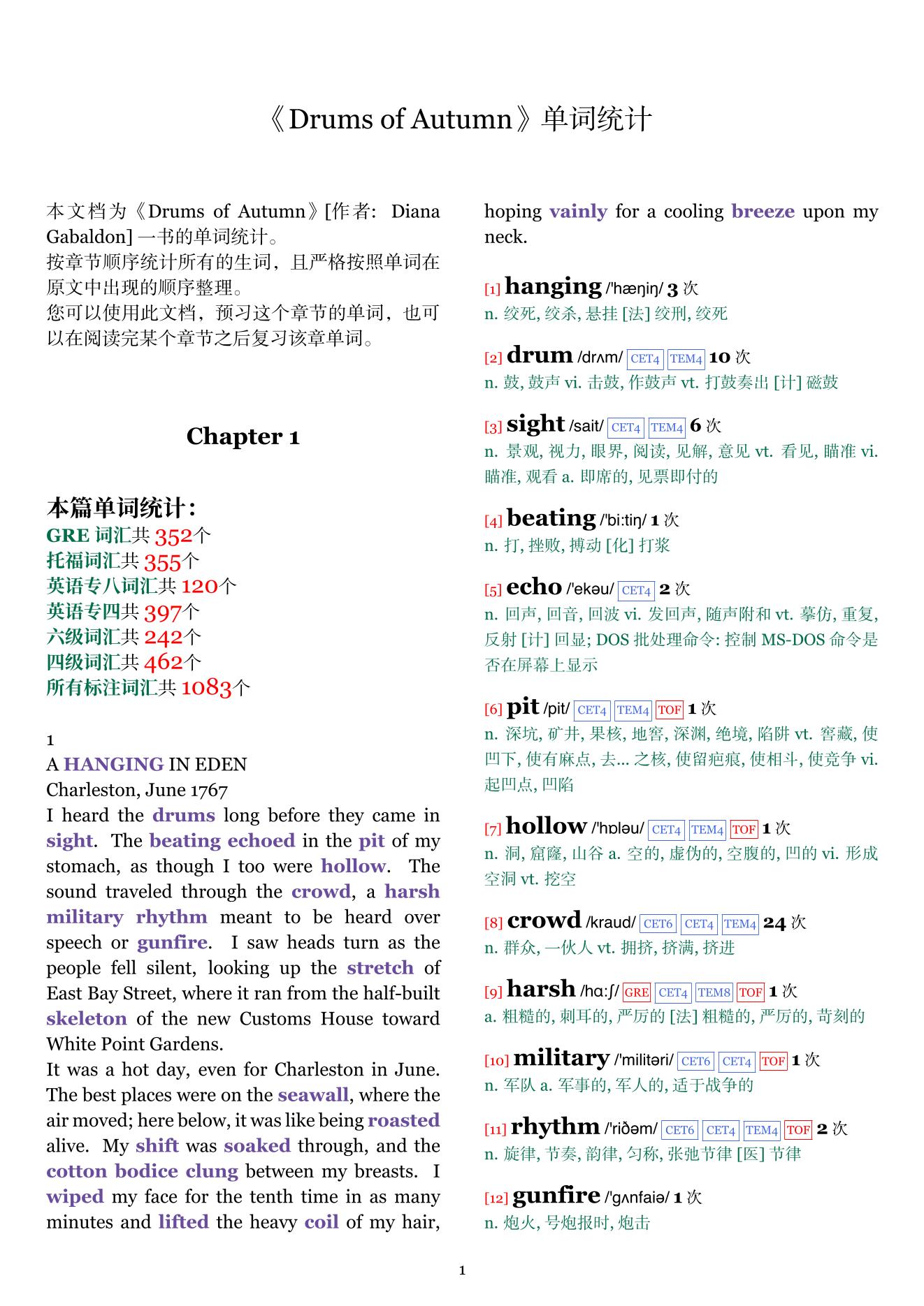 Drums of Autumn章节单词统计