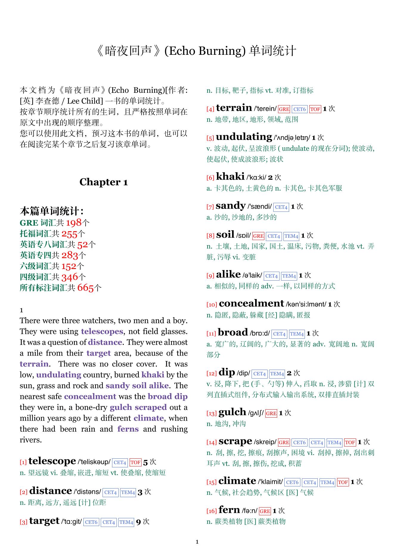 Echo Burning章节单词统计