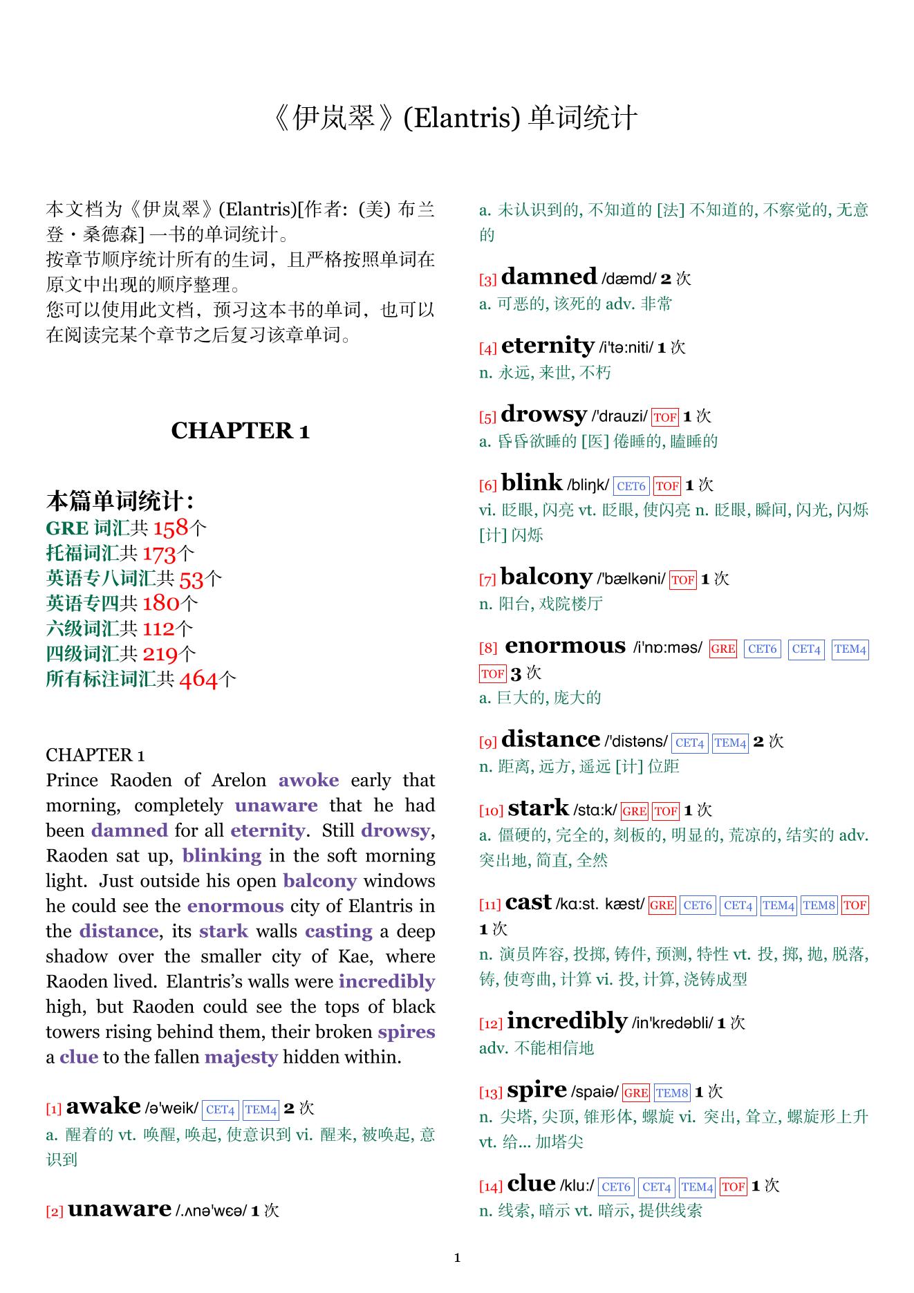 Elantris章节单词统计
