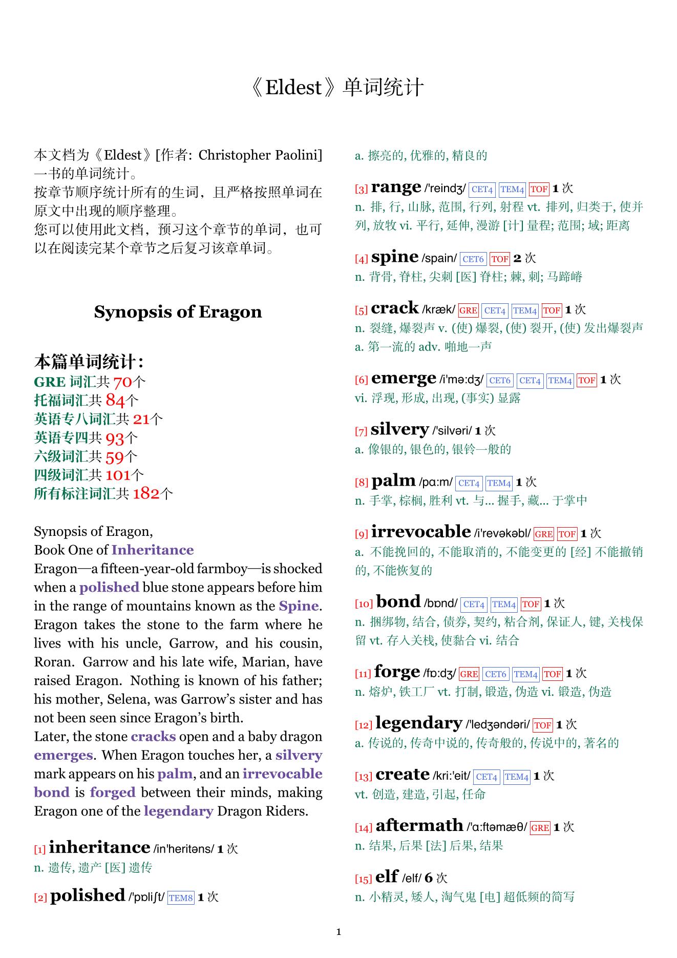Eldest章节单词统计