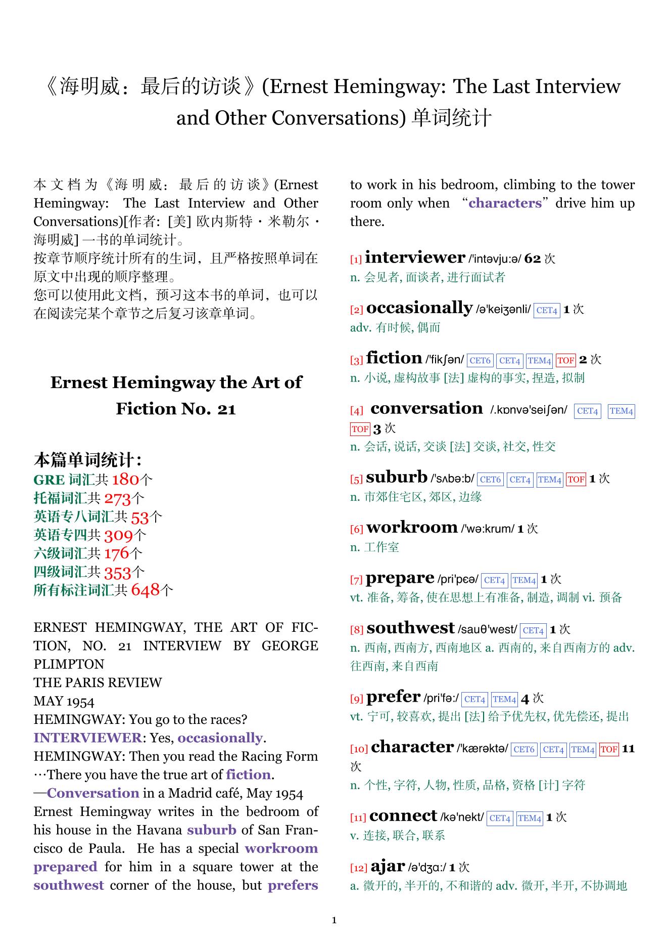 Ernest Hemingway: The Last Interview and Other Conversations章节单词统计