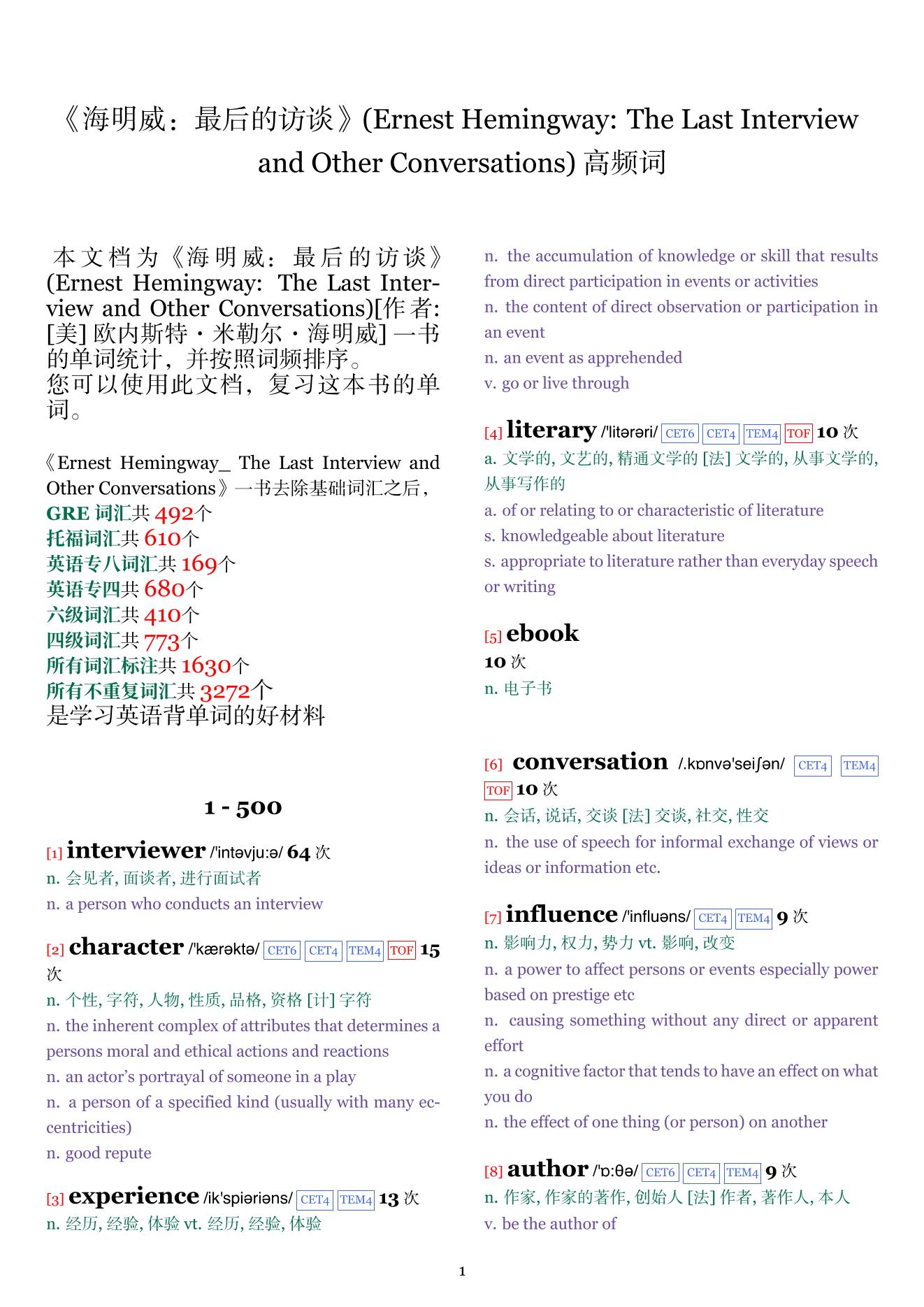 Ernest Hemingway: The Last Interview and Other Conversations词频统计