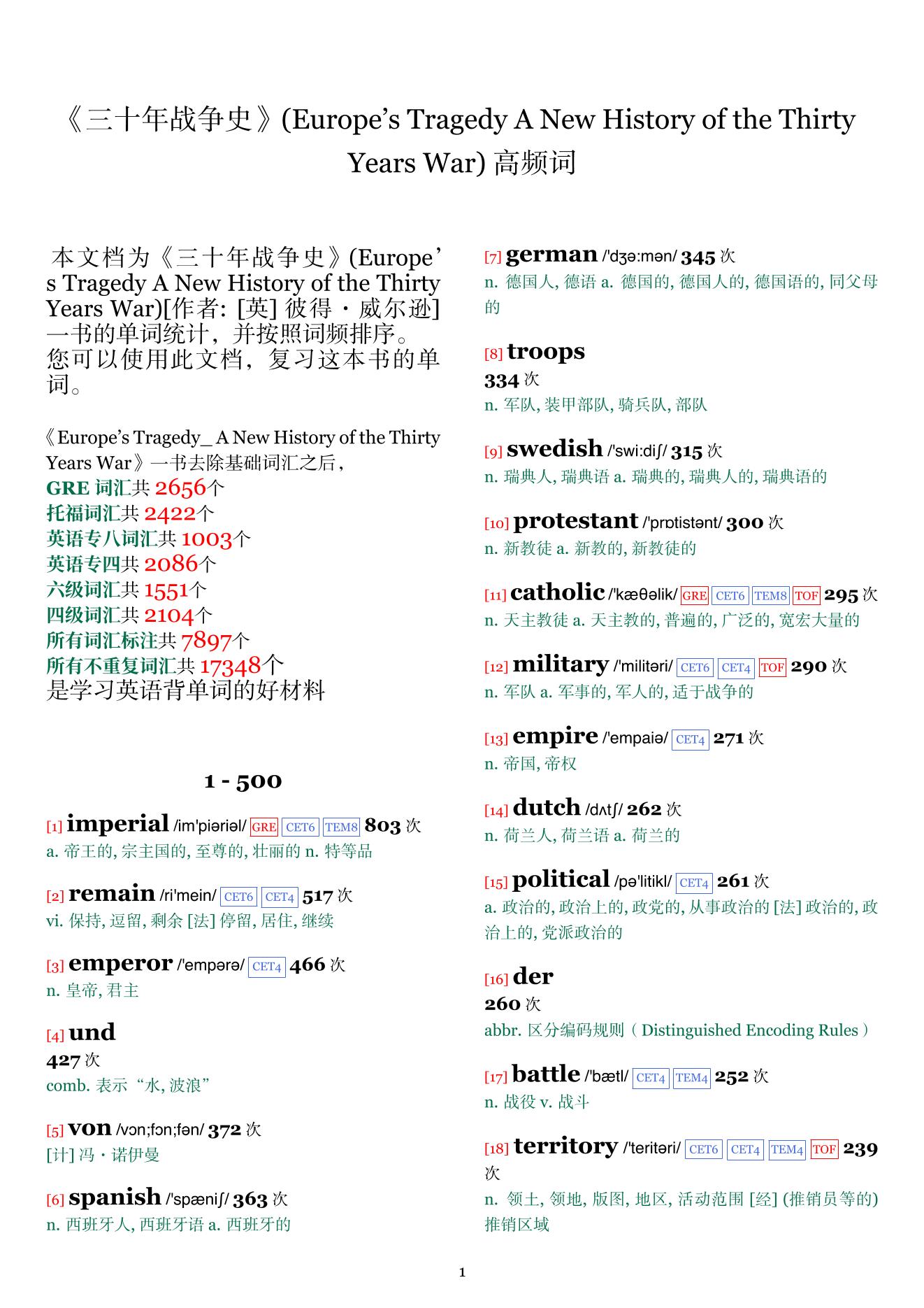 Europe’s Tragedy A New History of the Thirty Years War词频统计