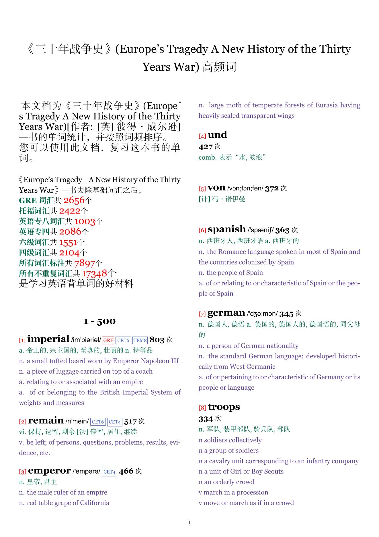 Europe’s Tragedy A New History of the Thirty Years War词频统计