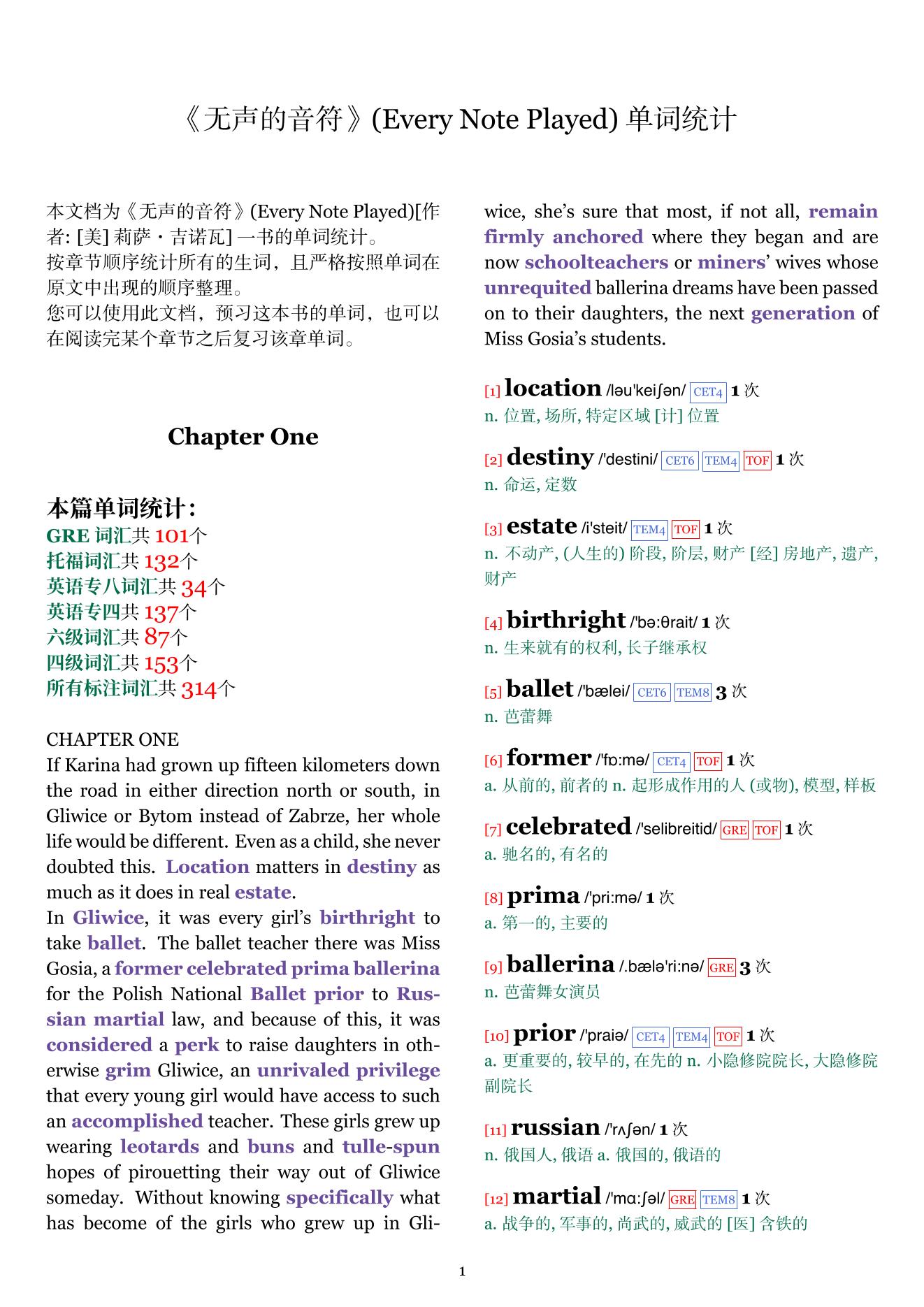 Every Note Played章节单词统计