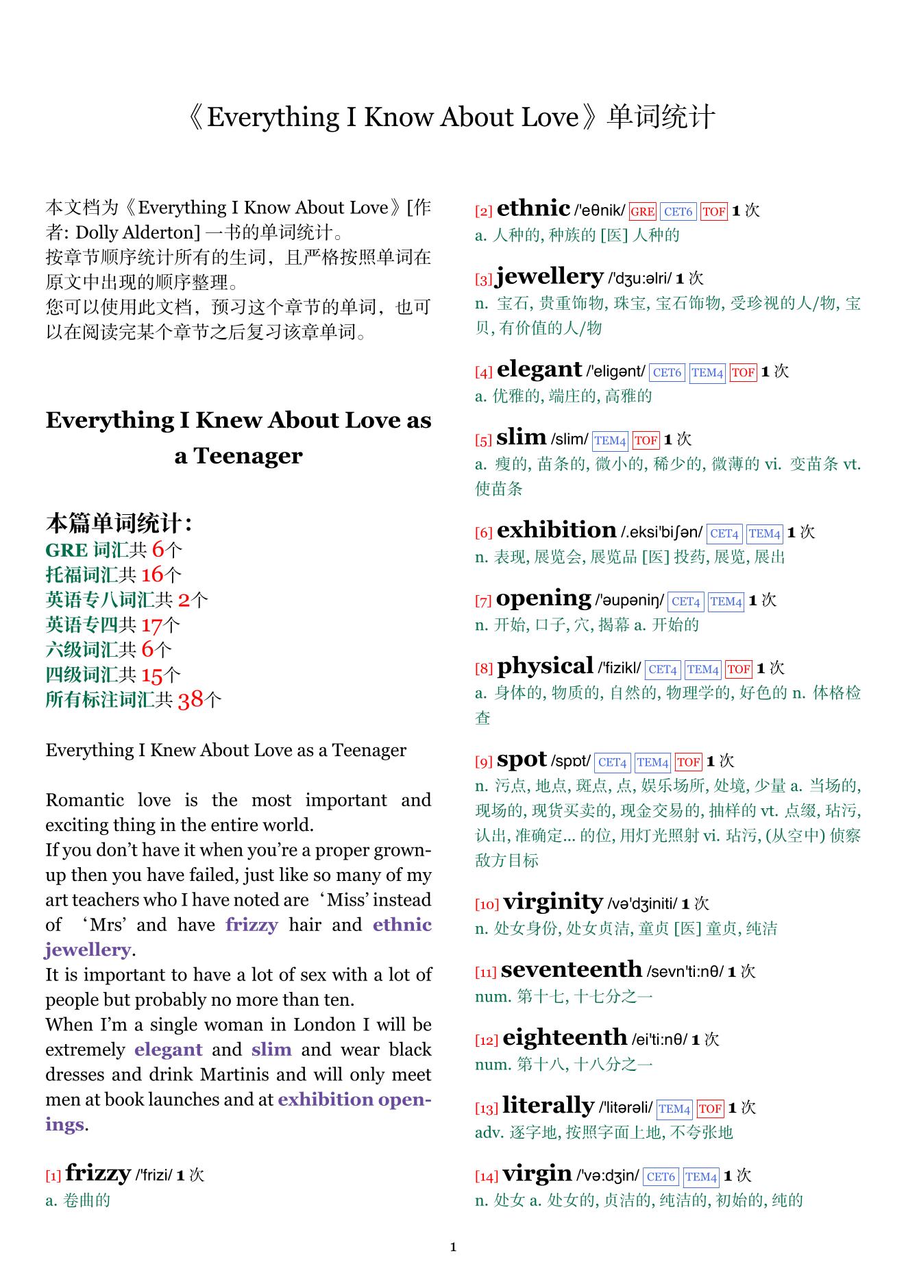 Everything I Know About Love章节单词统计