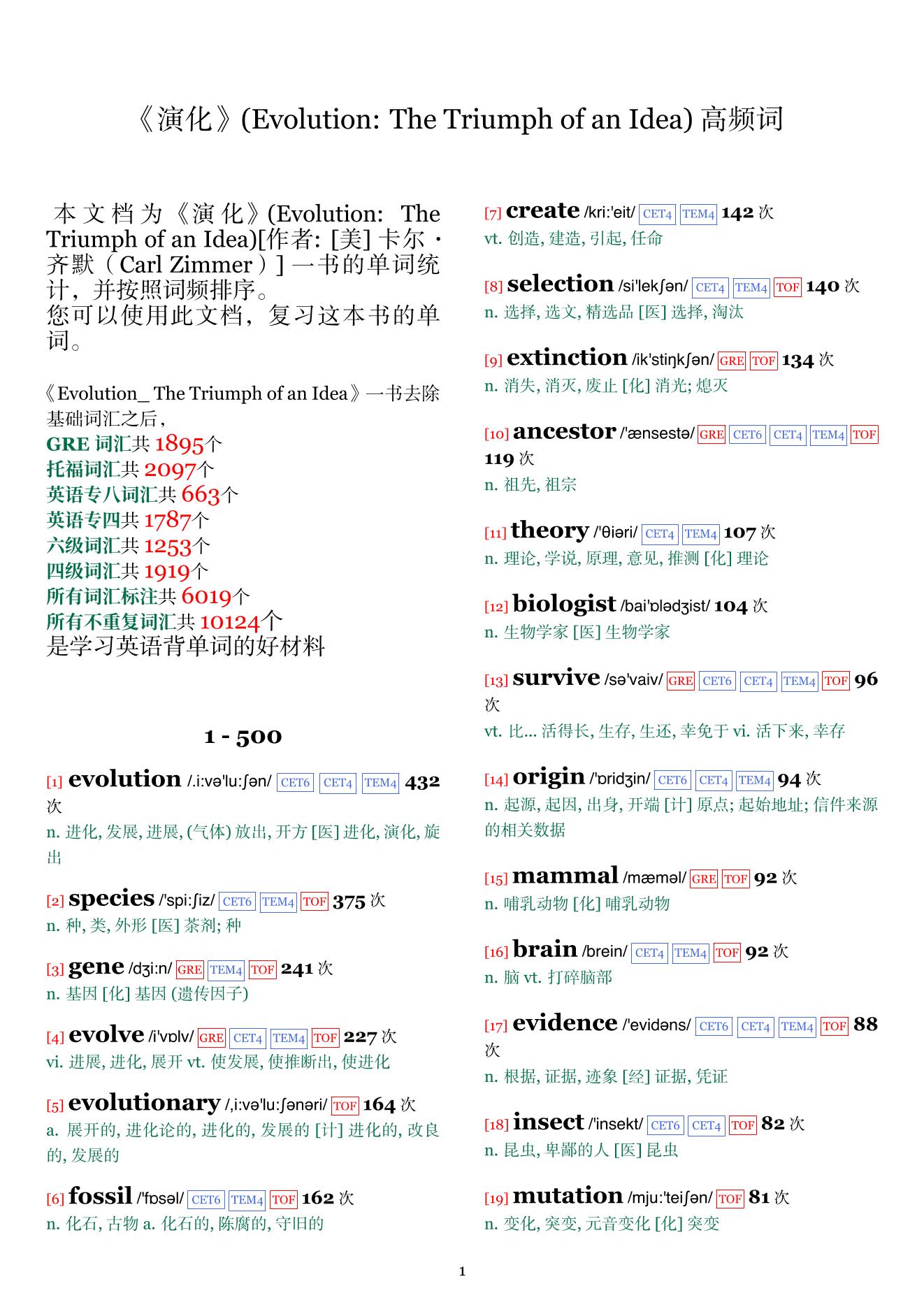 Evolution: The Triumph of an Idea词频统计