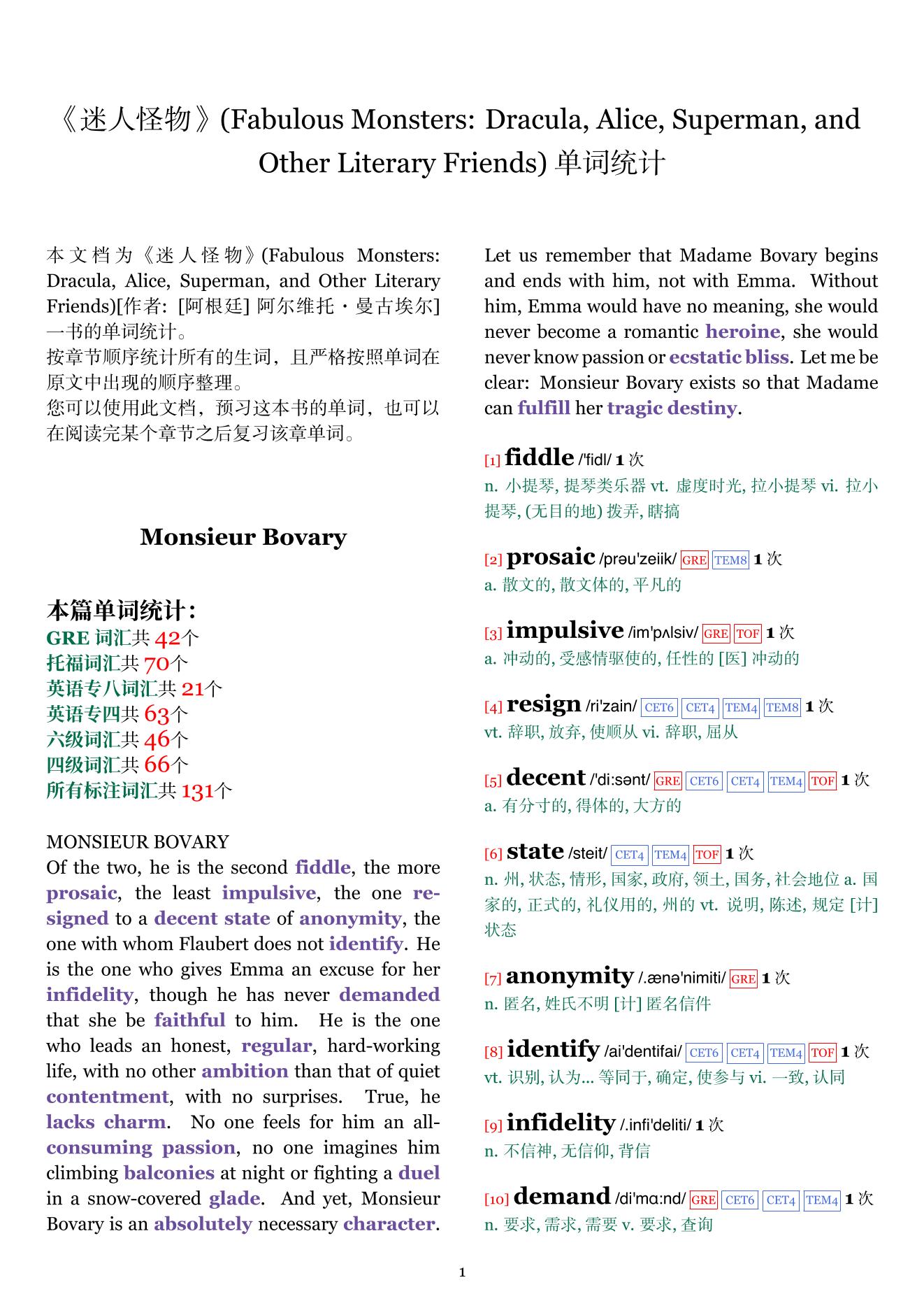 Fabulous Monsters: Dracula, Alice, Superman, and Other Literary Friends章节单词统计