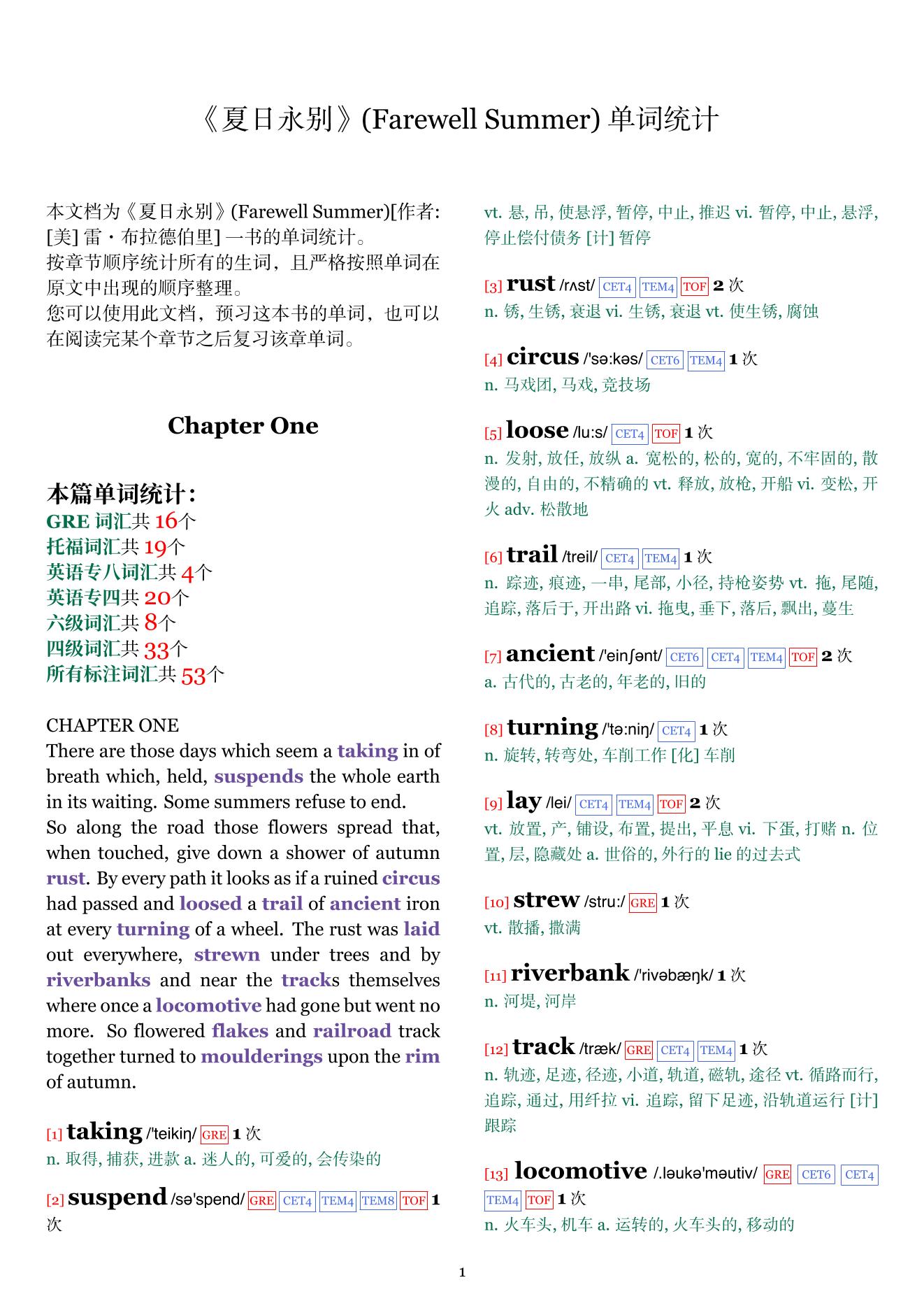 Farewell Summer章节单词统计