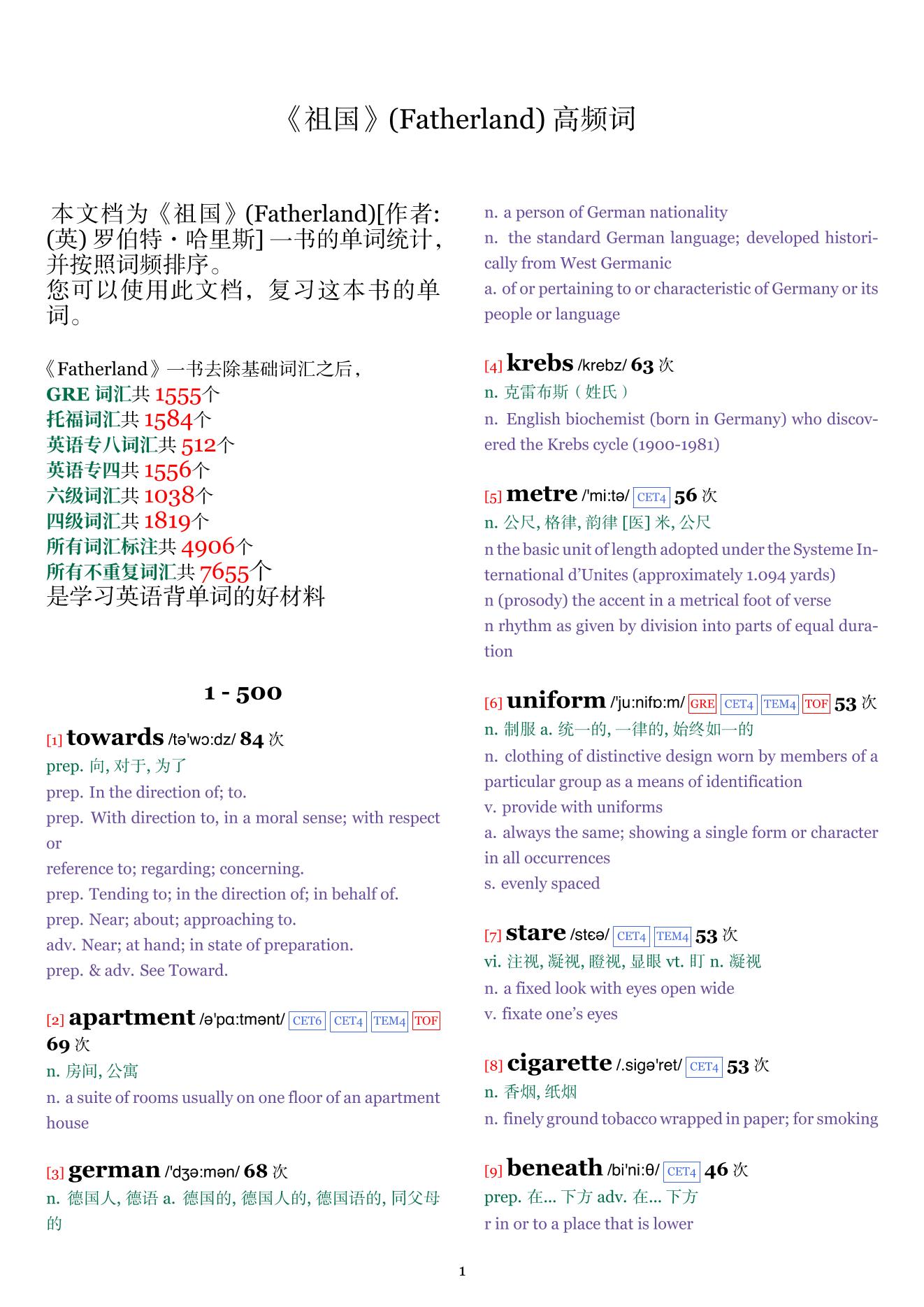 Fatherland词频统计
