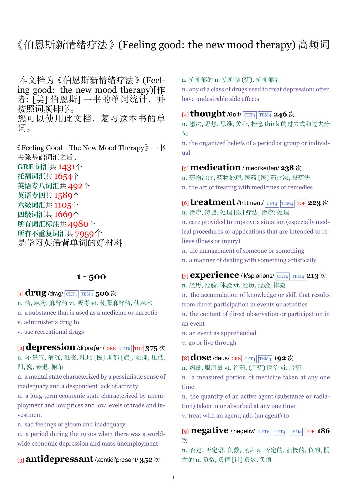 Feeling good: the new mood therapy词频统计