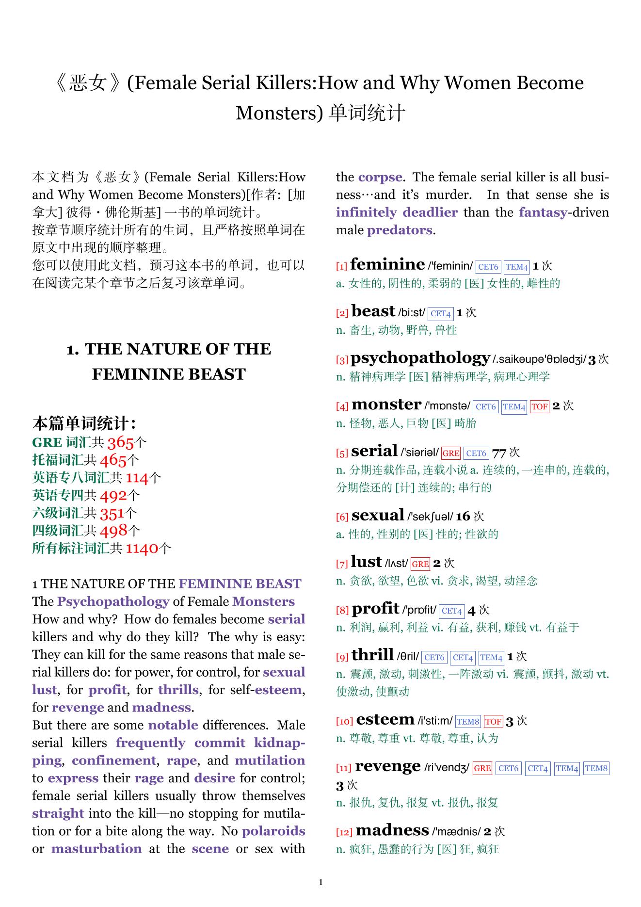 Female Serial Killers:How and Why Women Become Monsters章节单词统计