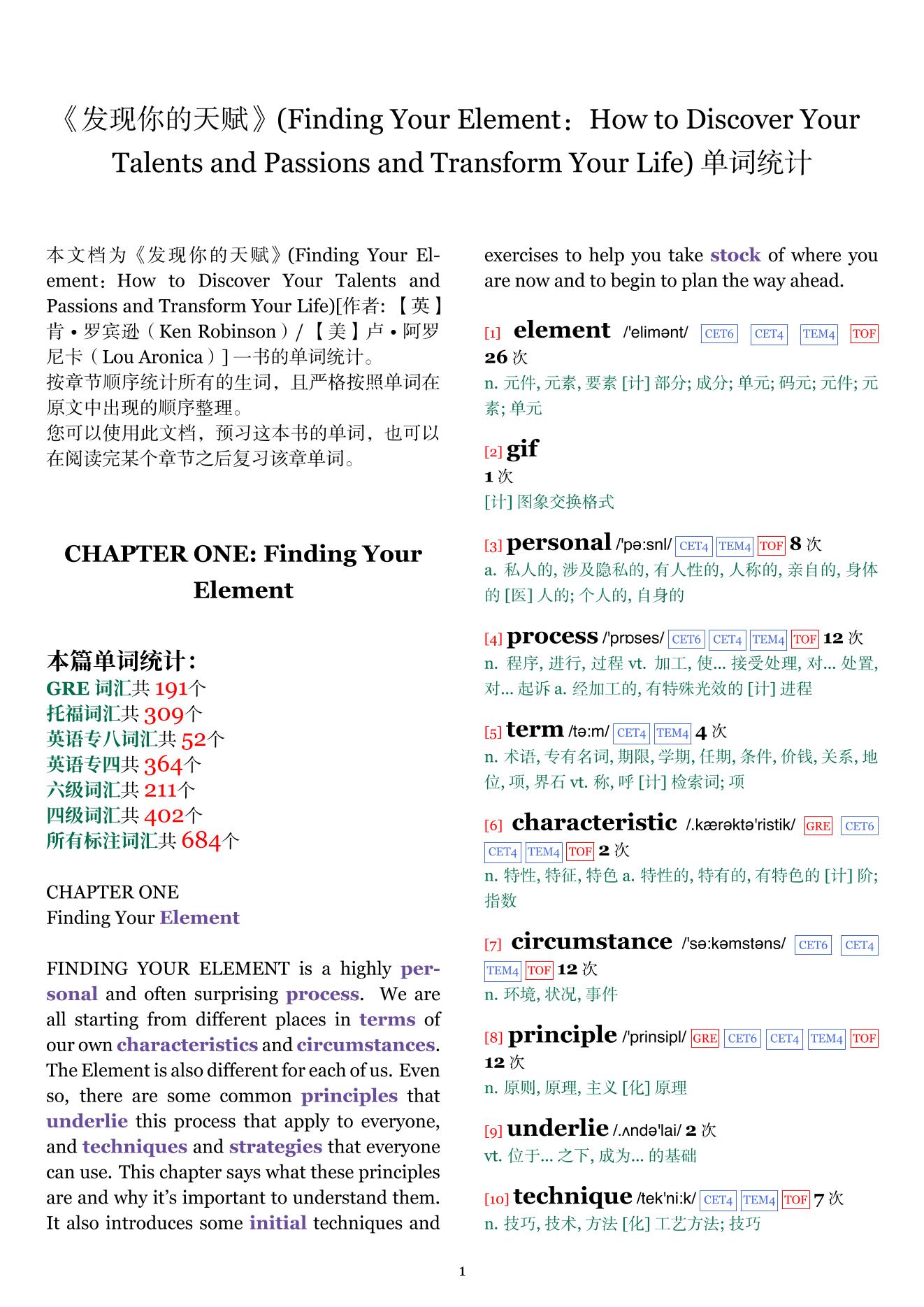 Finding Your Element：How to Discover Your Talents and Passions and Transform Your Life章节单词统计