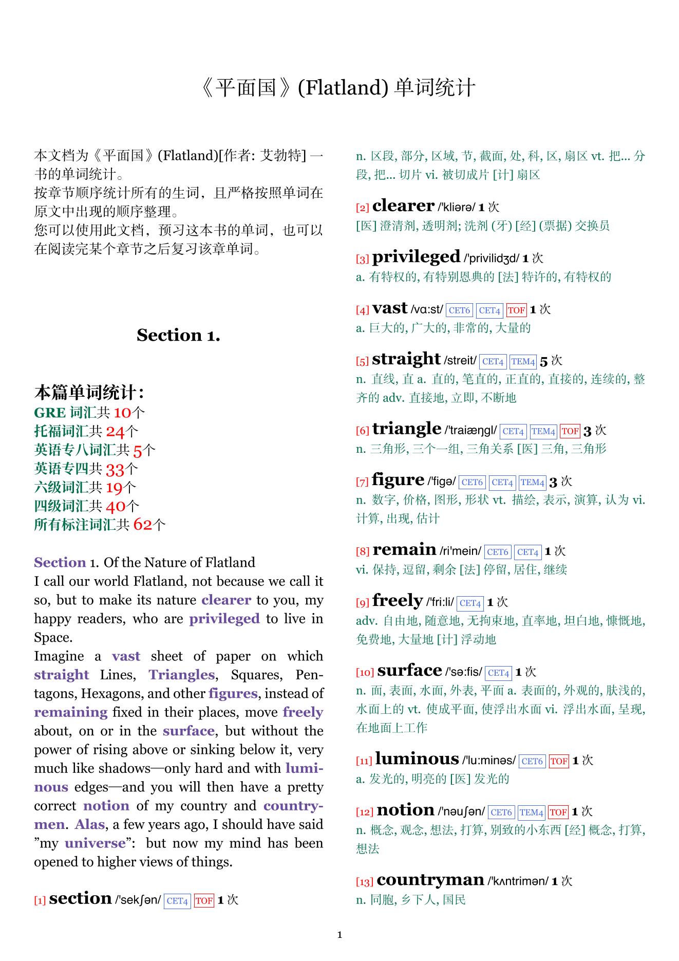 Flatland章节单词统计