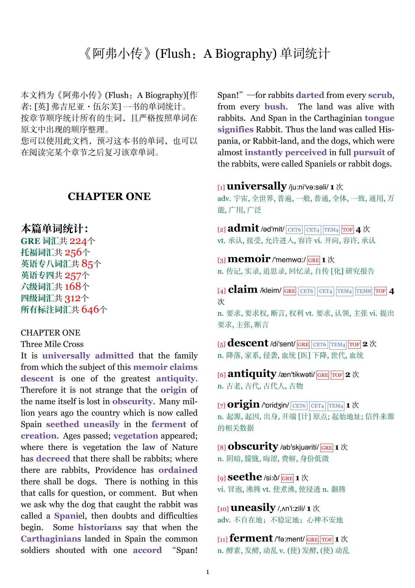 Flush：A Biography章节单词统计
