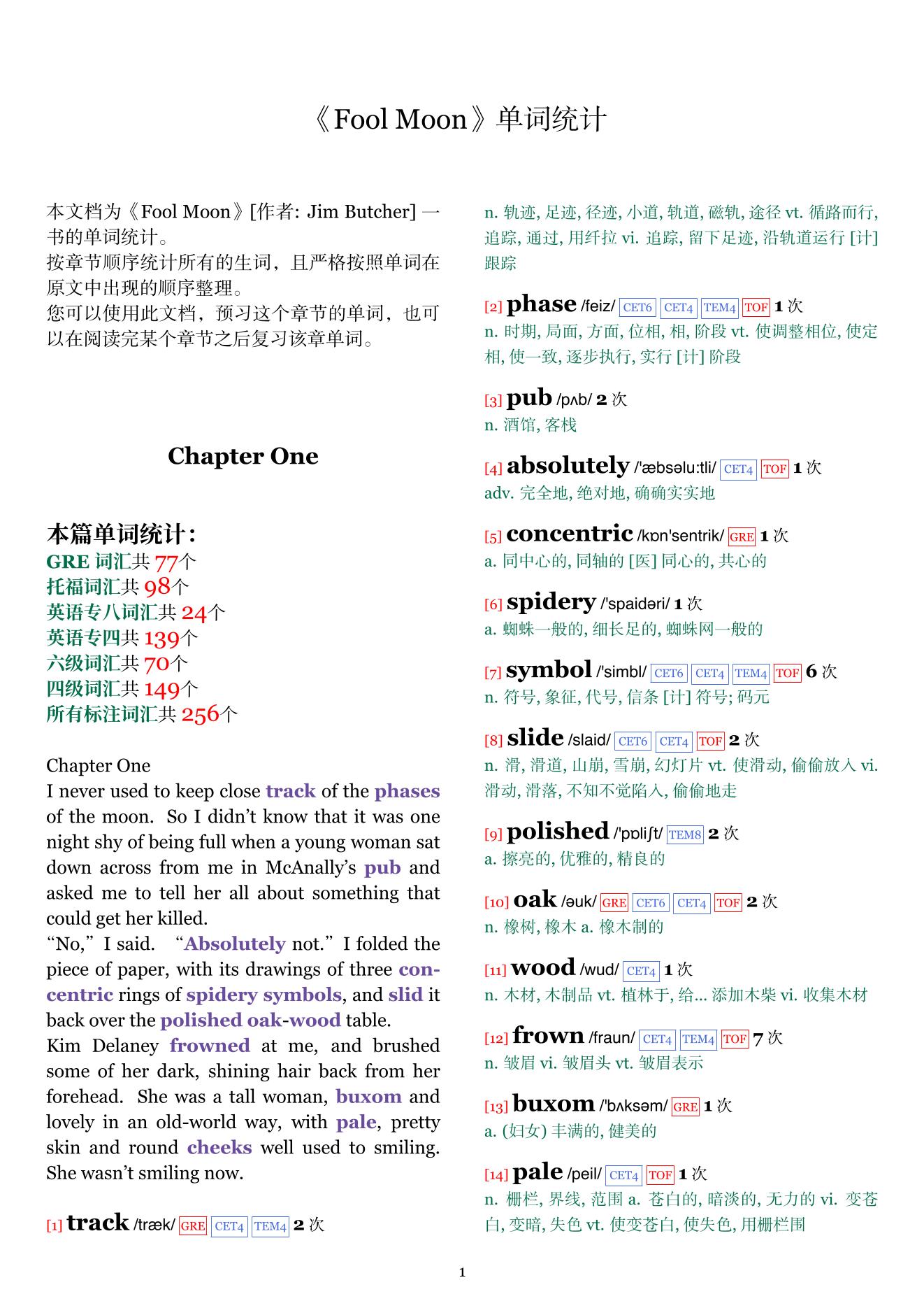 Fool Moon章节单词统计