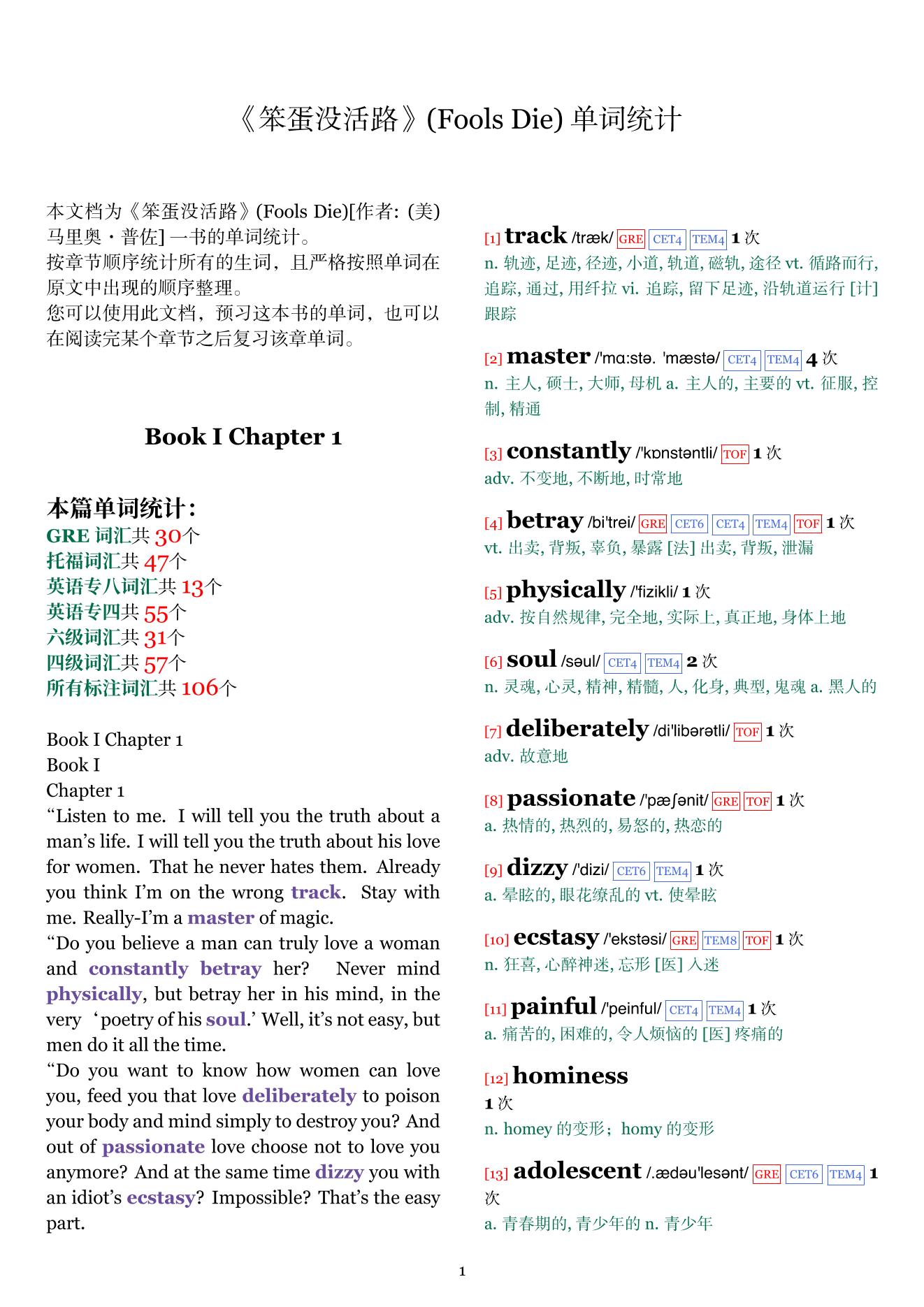 Fools Die章节单词统计