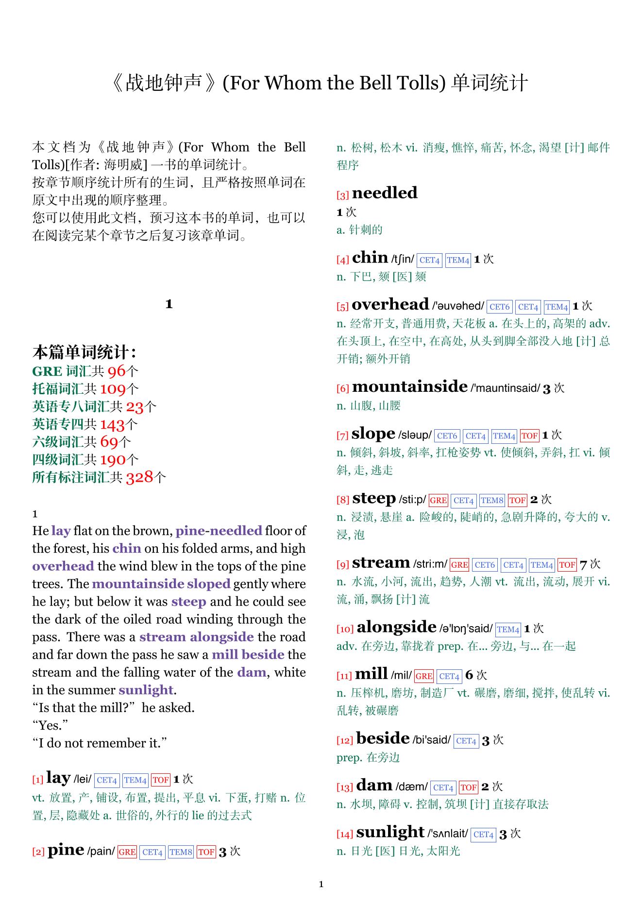 For Whom the Bell Tolls章节单词统计