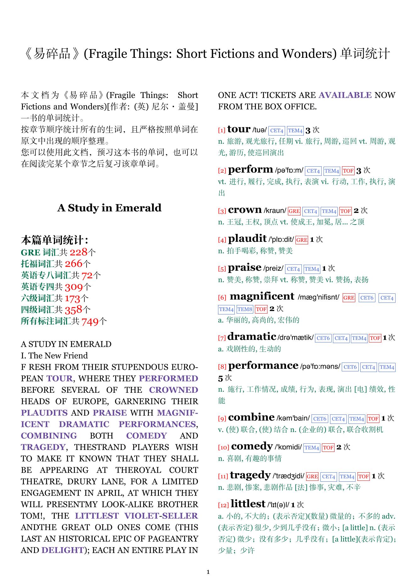 Fragile Things: Short Fictions and Wonders章节单词统计