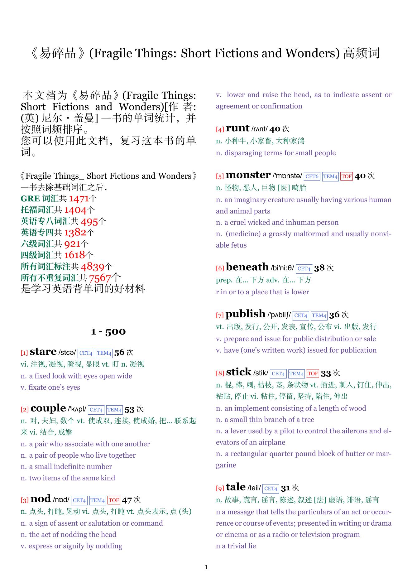 Fragile Things: Short Fictions and Wonders词频统计