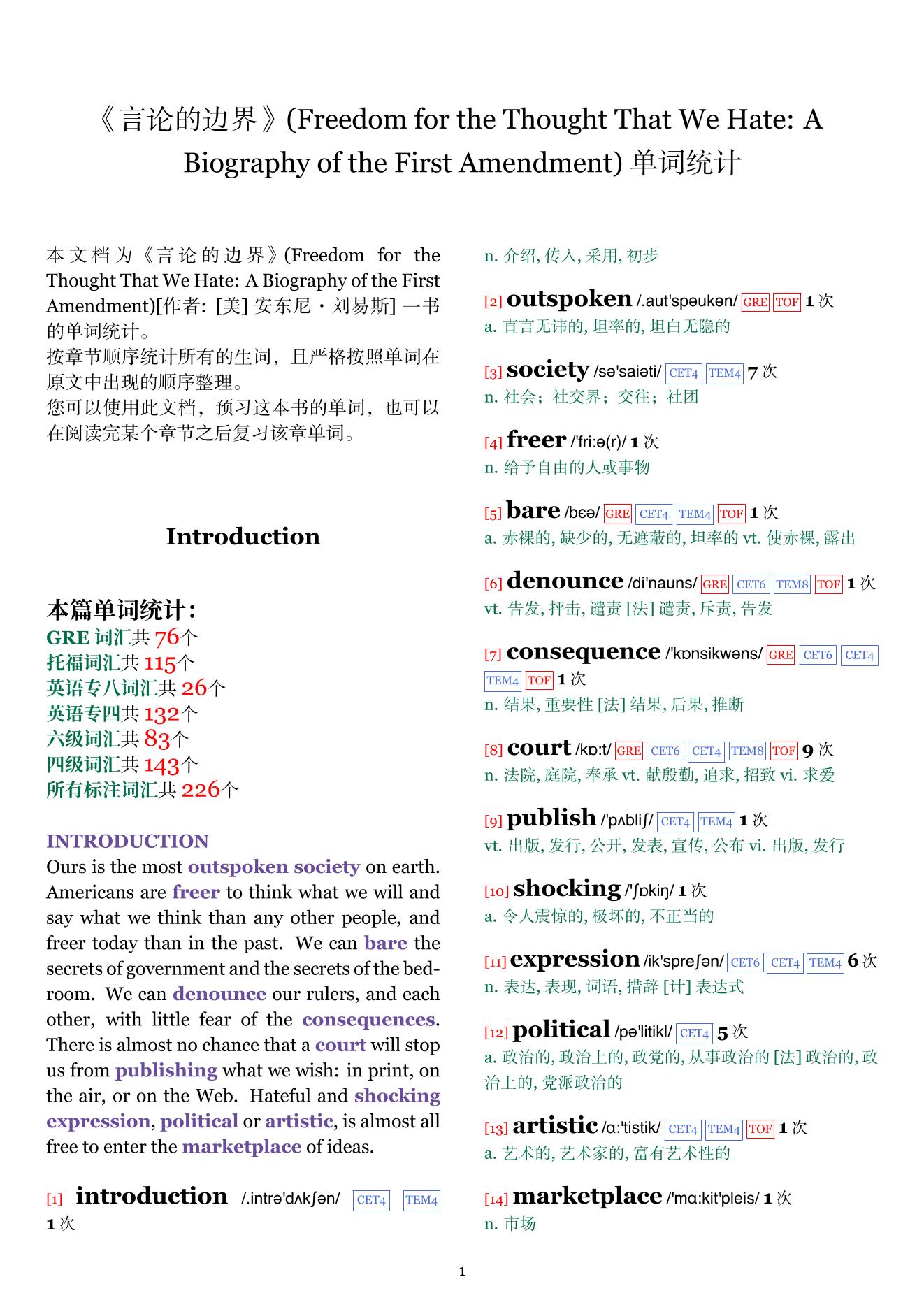 Freedom for the Thought That We Hate: A Biography of the First Amendment章节单词统计