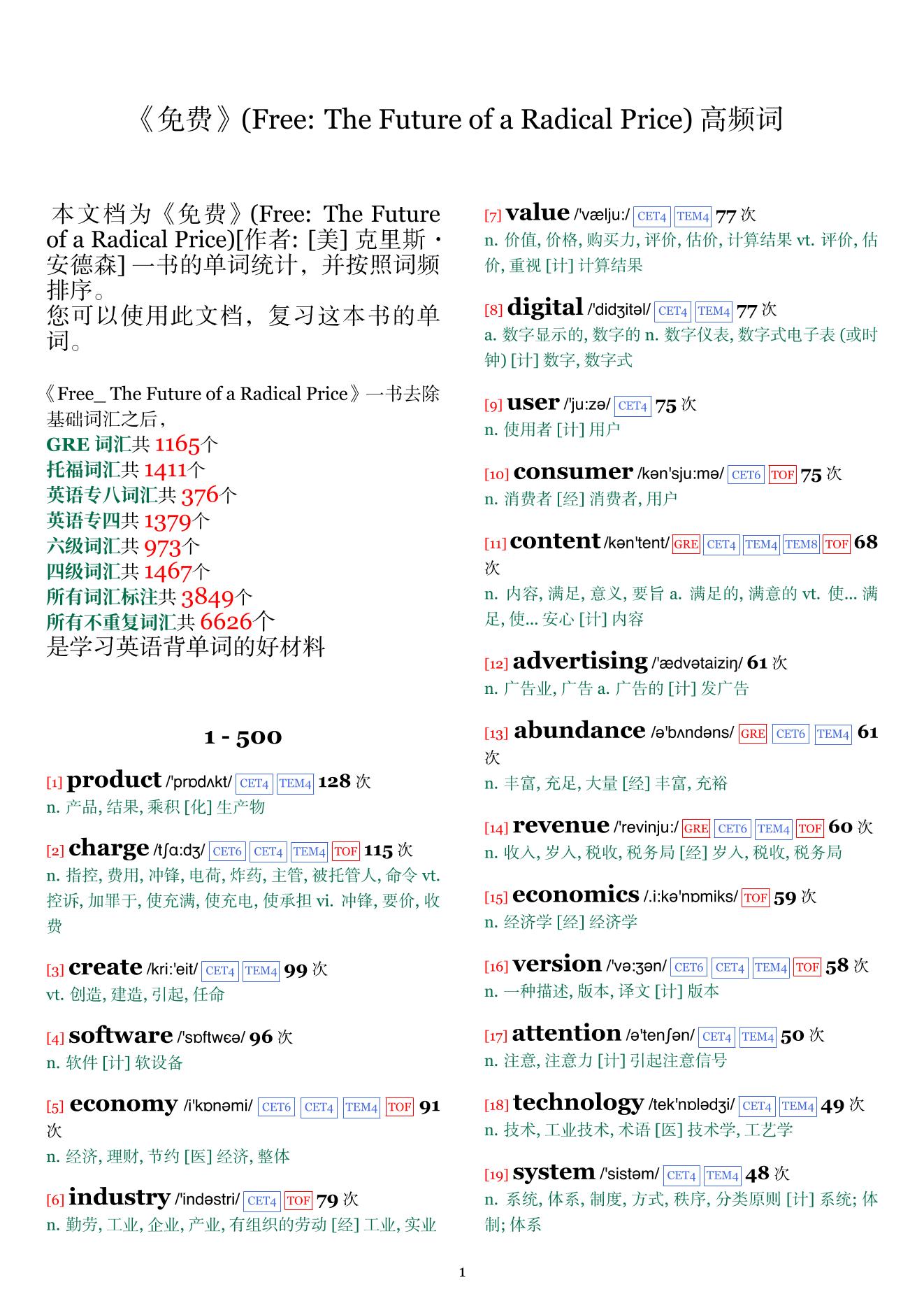 Free: The Future of a Radical Price词频统计
