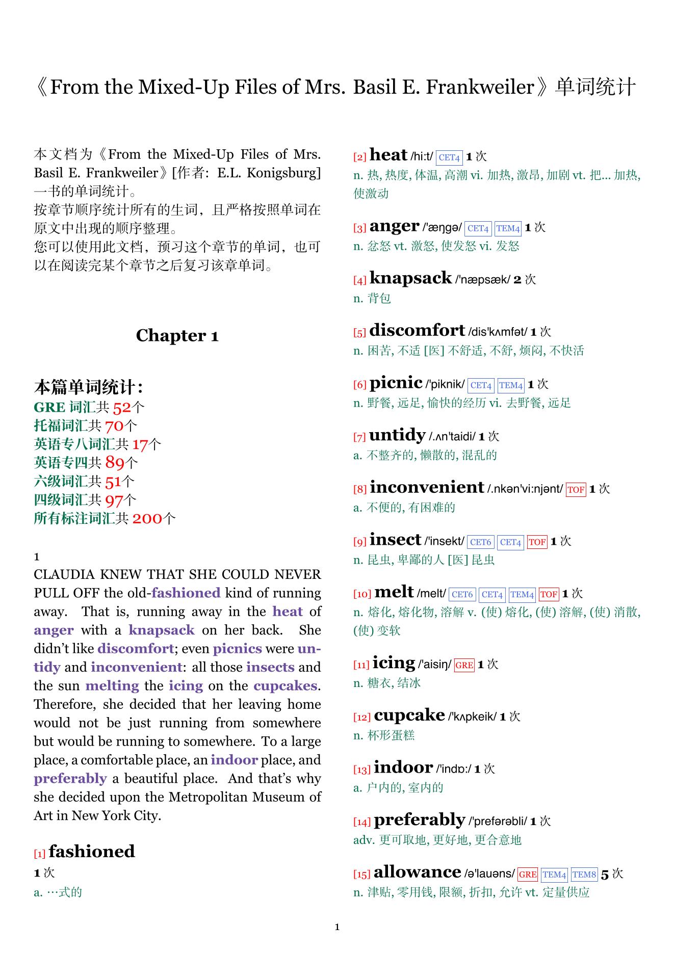 From the Mixed-Up Files of Mrs. Basil E. Frankweiler章节单词统计