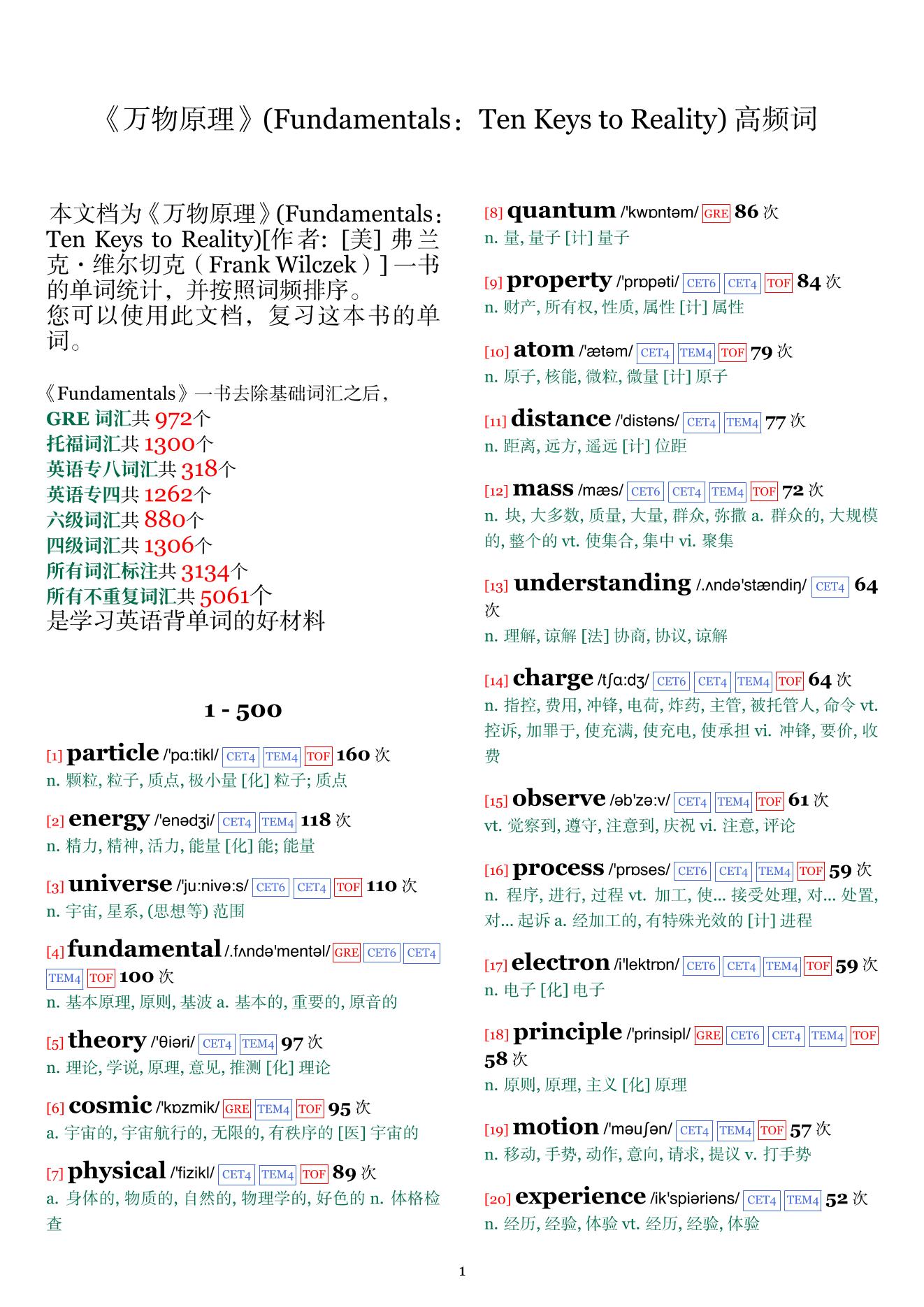Fundamentals：Ten Keys to Reality词频统计