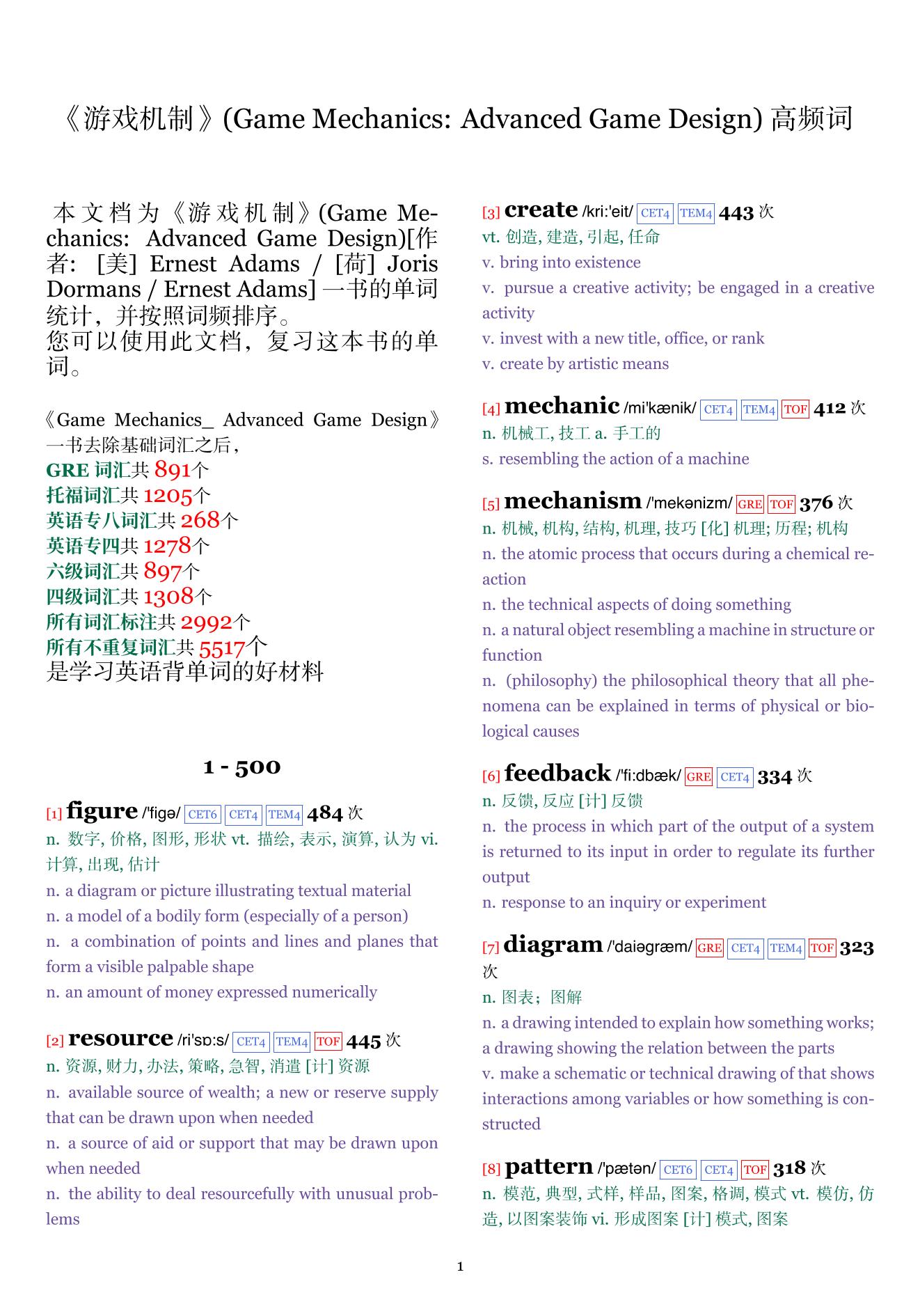 Game Mechanics: Advanced Game Design词频统计
