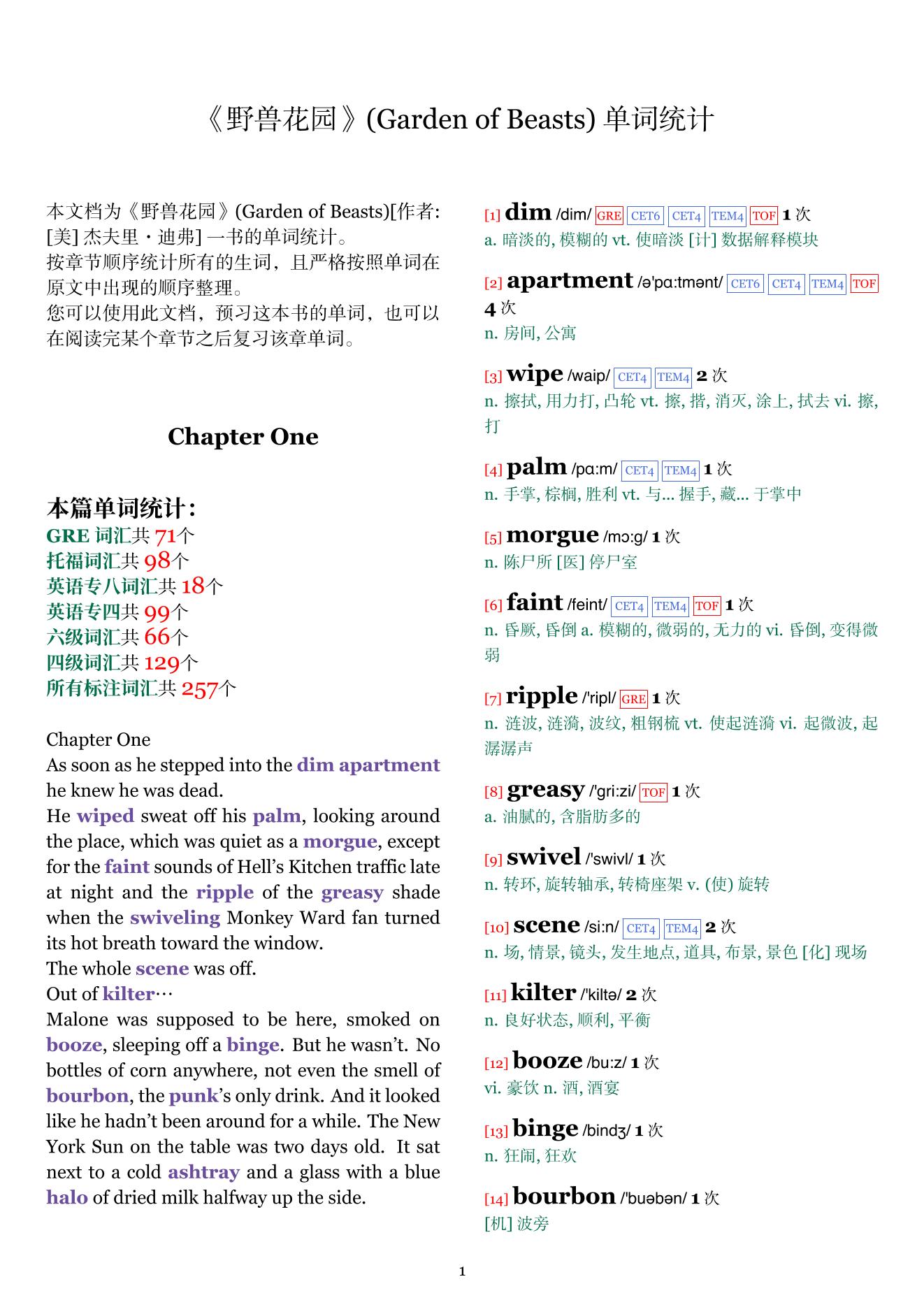 Garden of Beasts章节单词统计