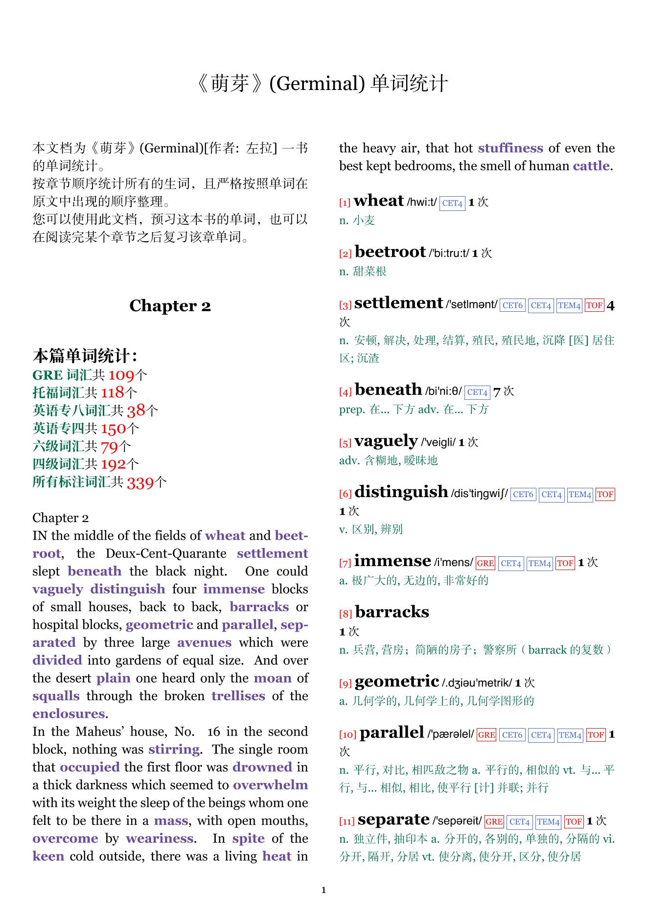 Germinal章节单词统计