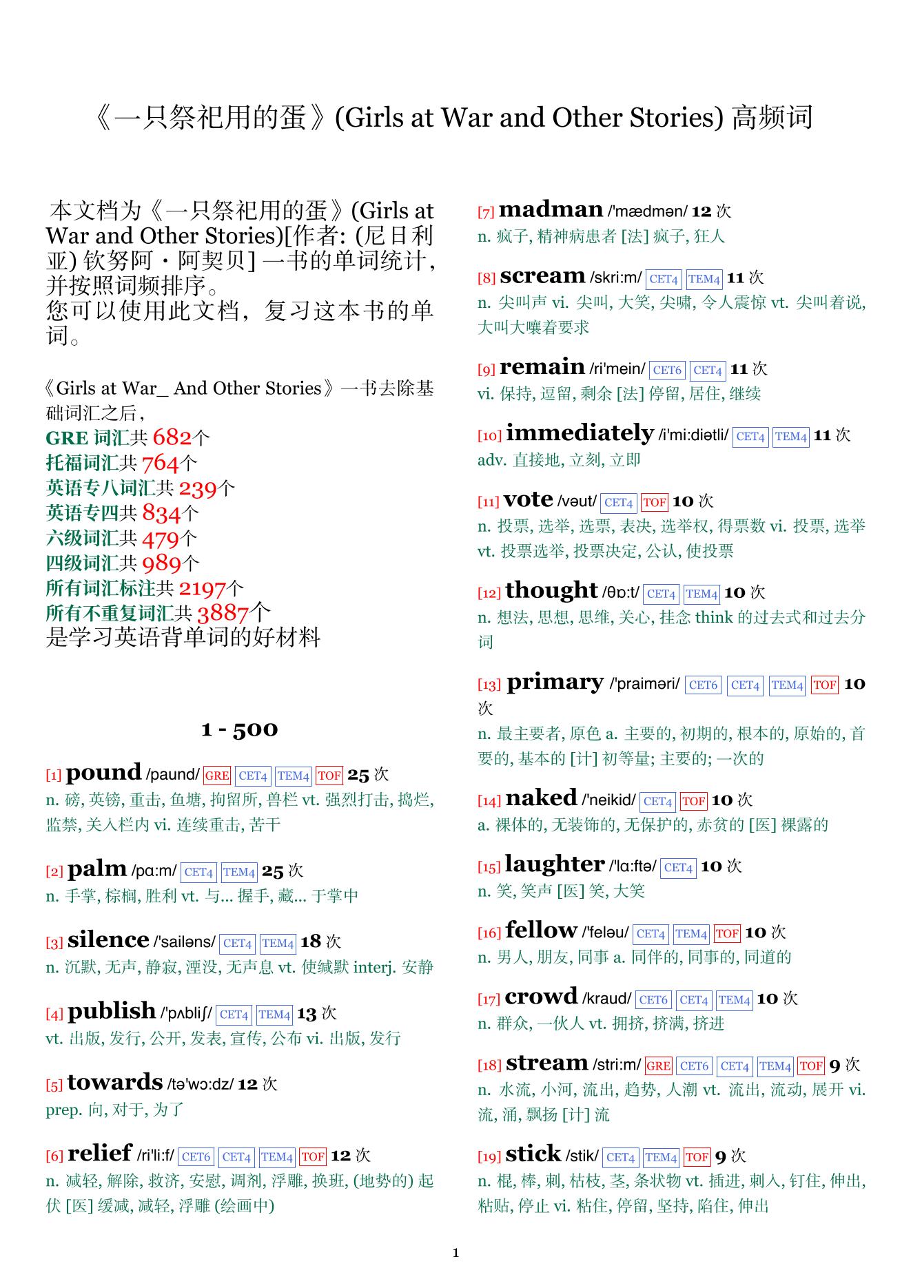 Girls at War and Other Stories词频统计