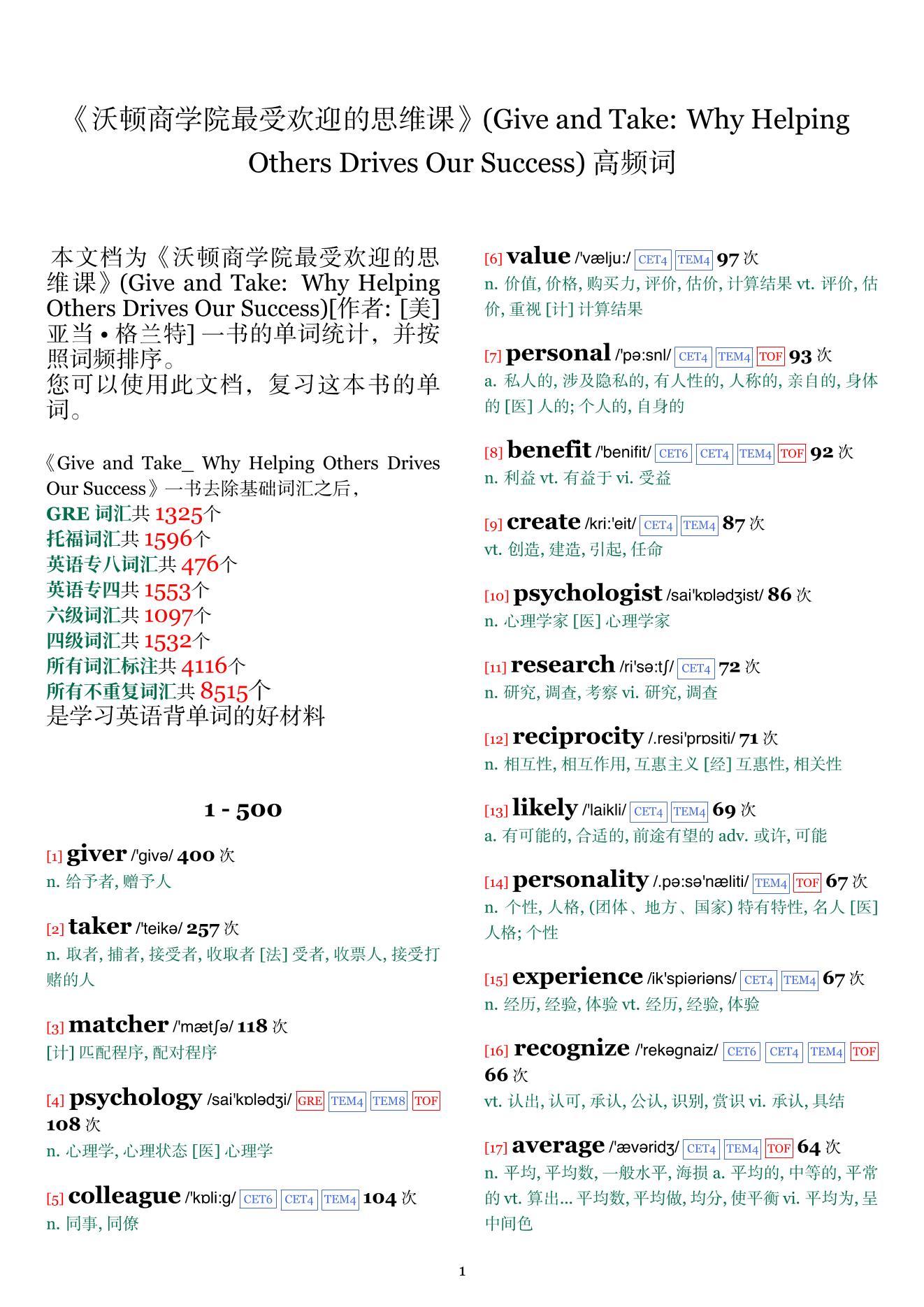 Give and Take: Why Helping Others Drives Our Success词频统计