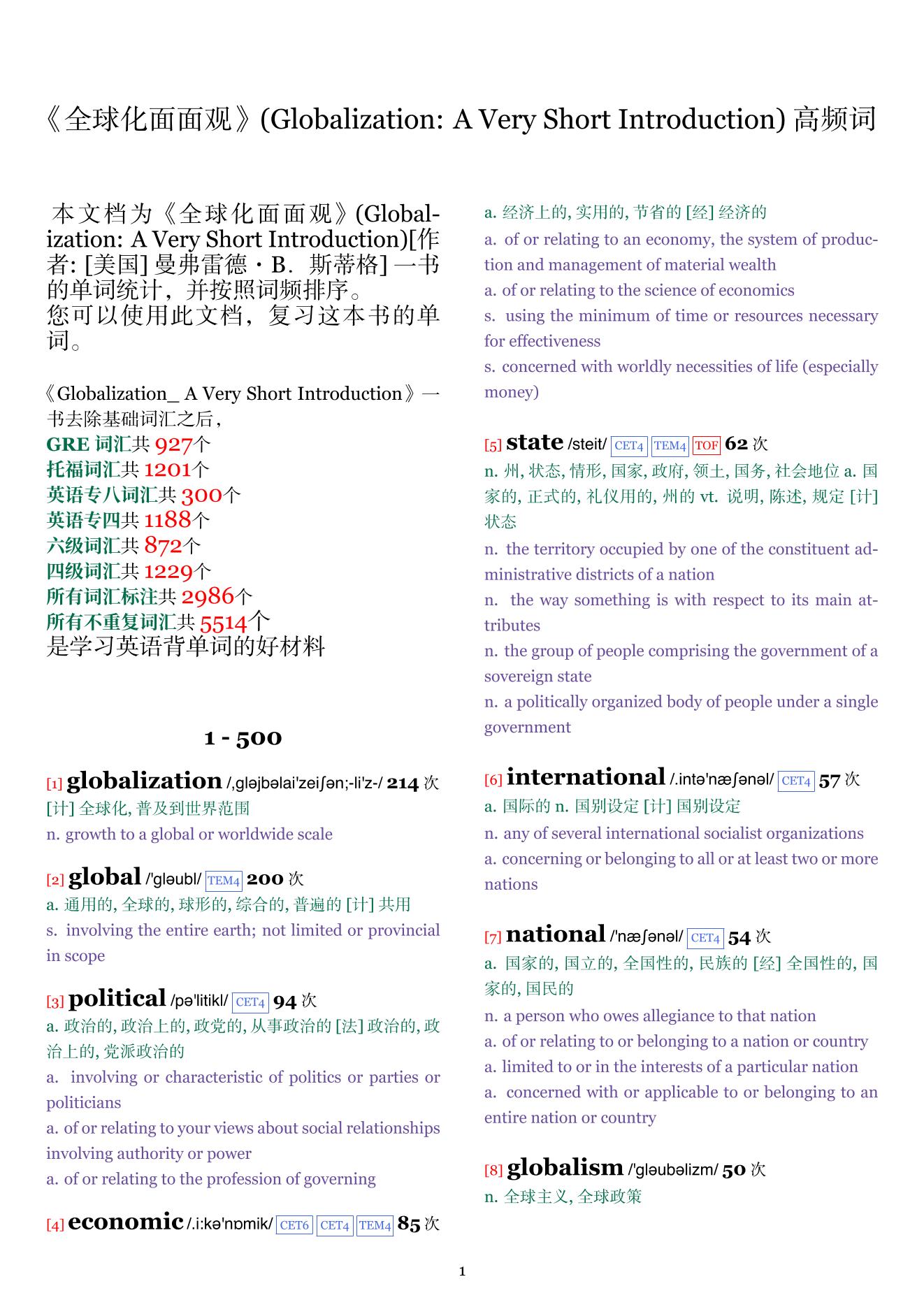 Globalization: A Very Short Introduction词频统计