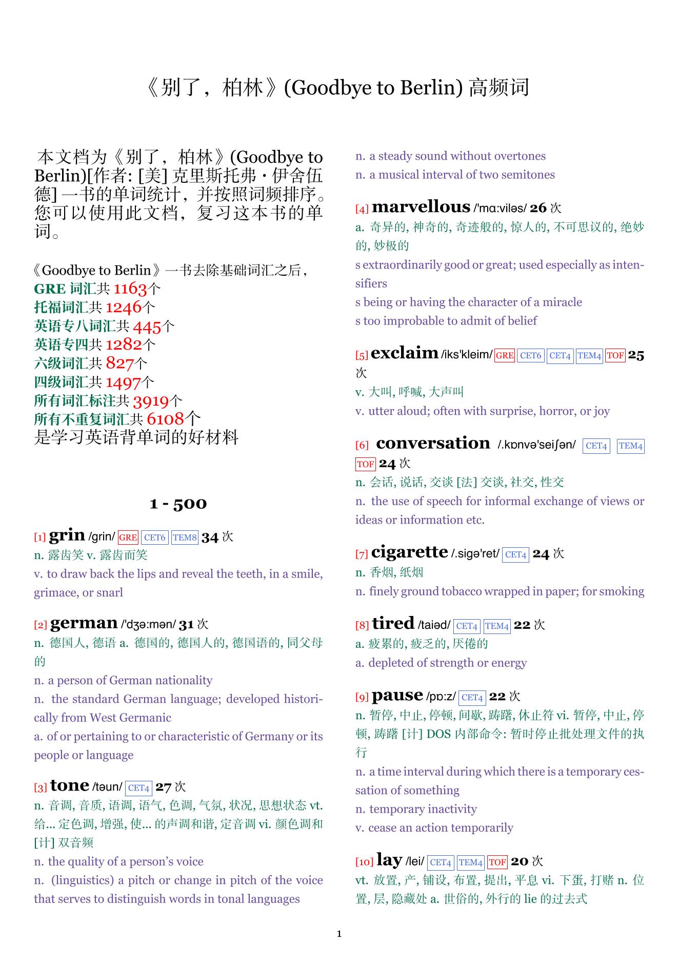 Goodbye to Berlin词频统计