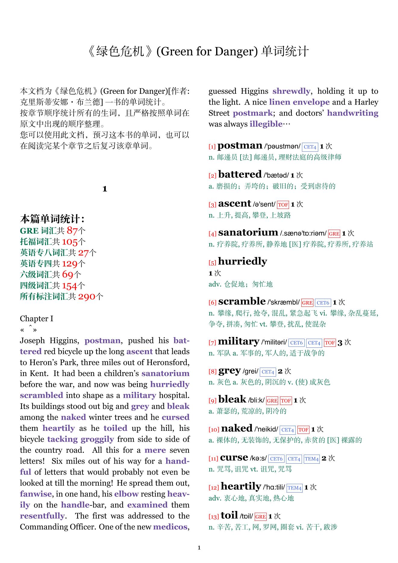 Green for Danger章节单词统计