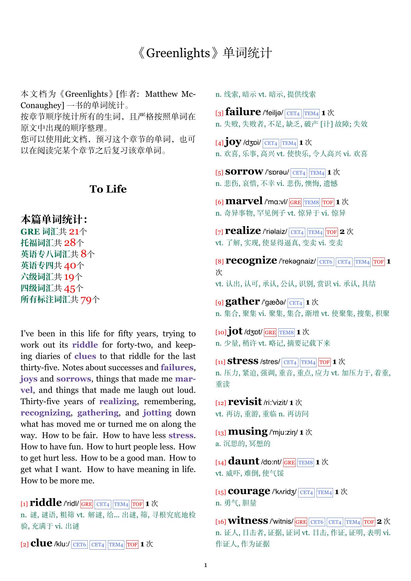 Greenlights章节单词统计