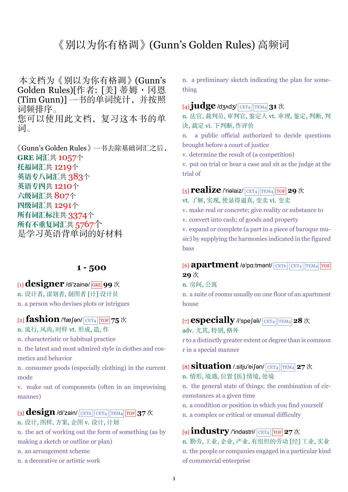 Gunn's Golden Rules词频统计