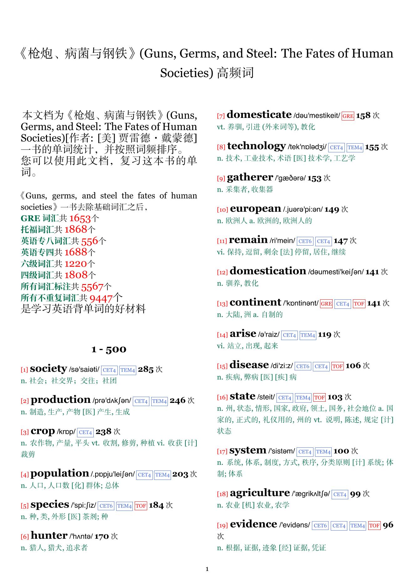 Guns, Germs, and Steel: The Fates of Human Societies词频统计