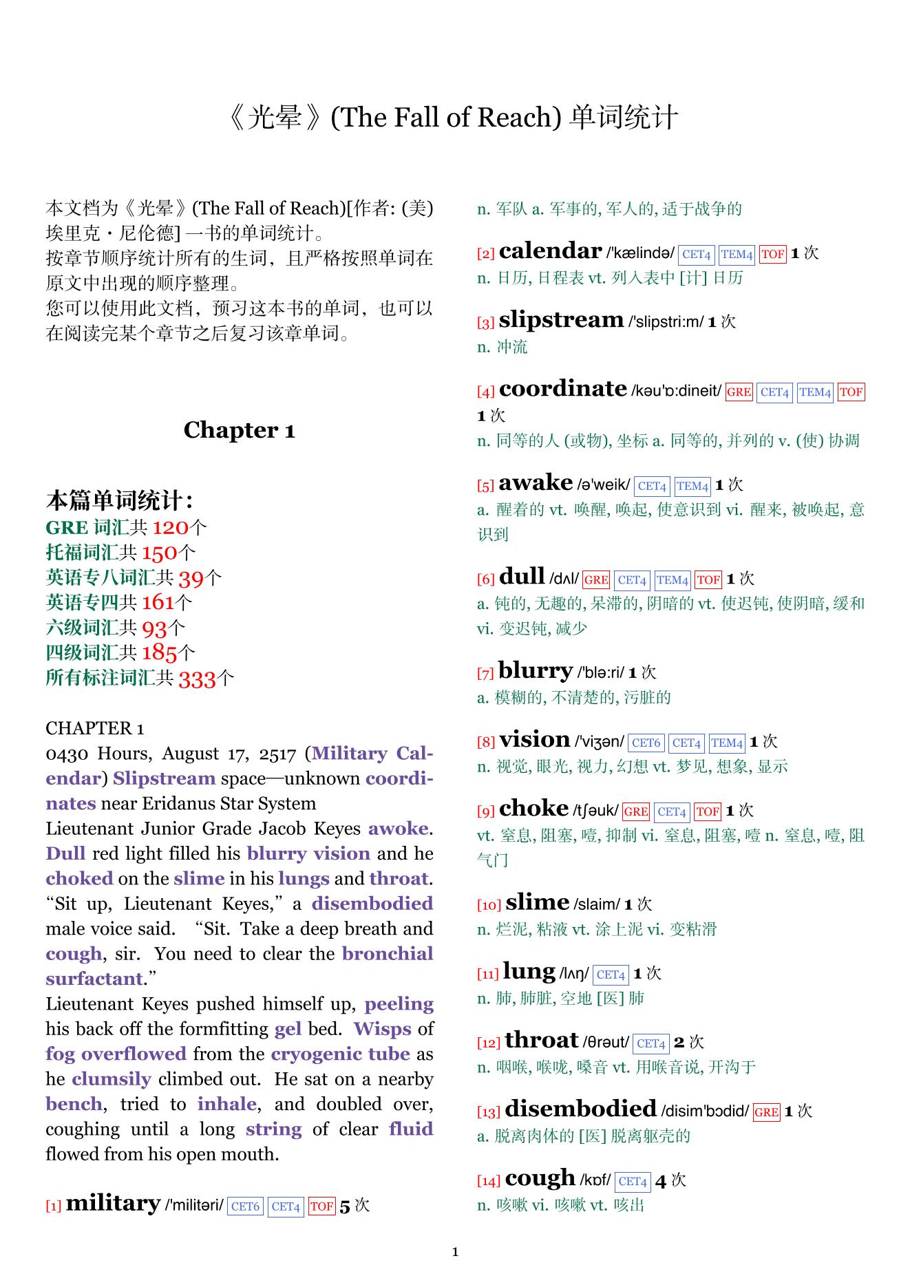 The Fall of Reach章节单词统计