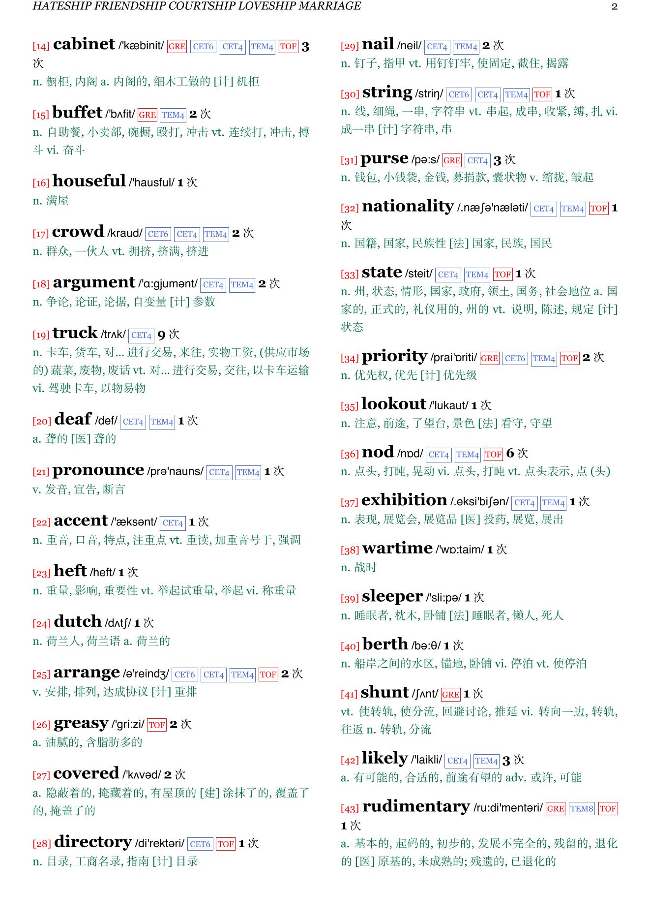 Hateship, Friendship, Courtship, Loveship, Marriage章节单词统计