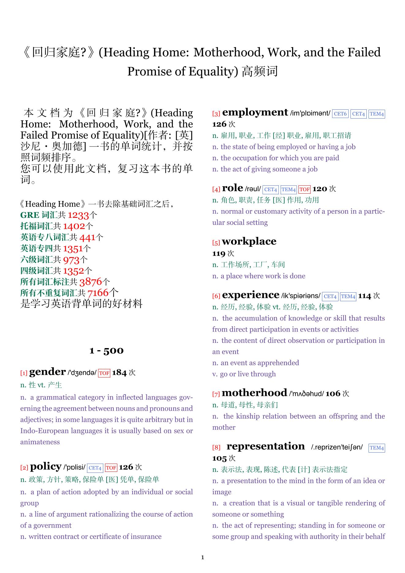 Heading Home: Motherhood, Work, and the Failed Promise of Equality词频统计