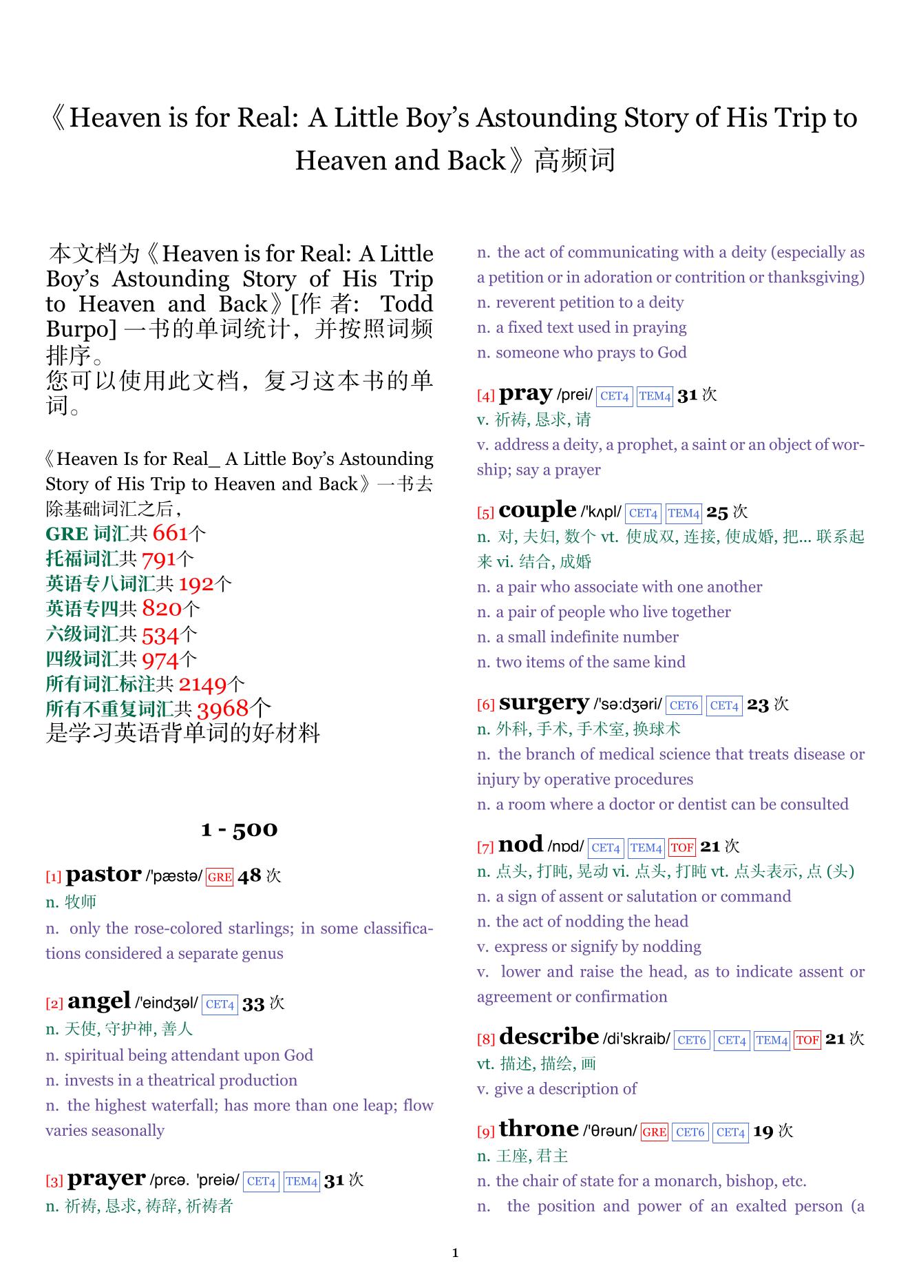 Heaven is for Real: A Little Boy's Astounding Story of His Trip to Heaven and Back词频统计