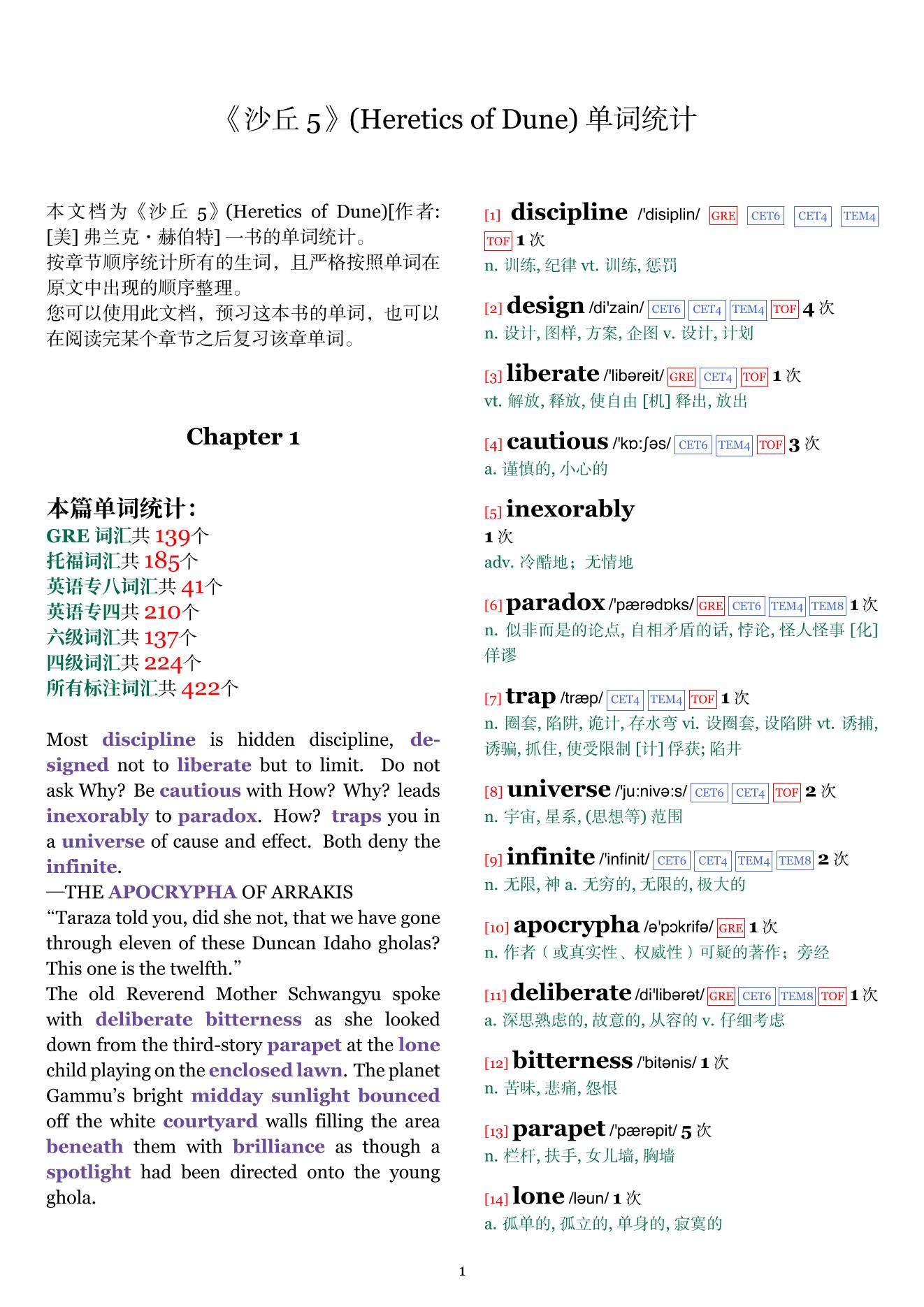 Heretics of Dune章节单词统计