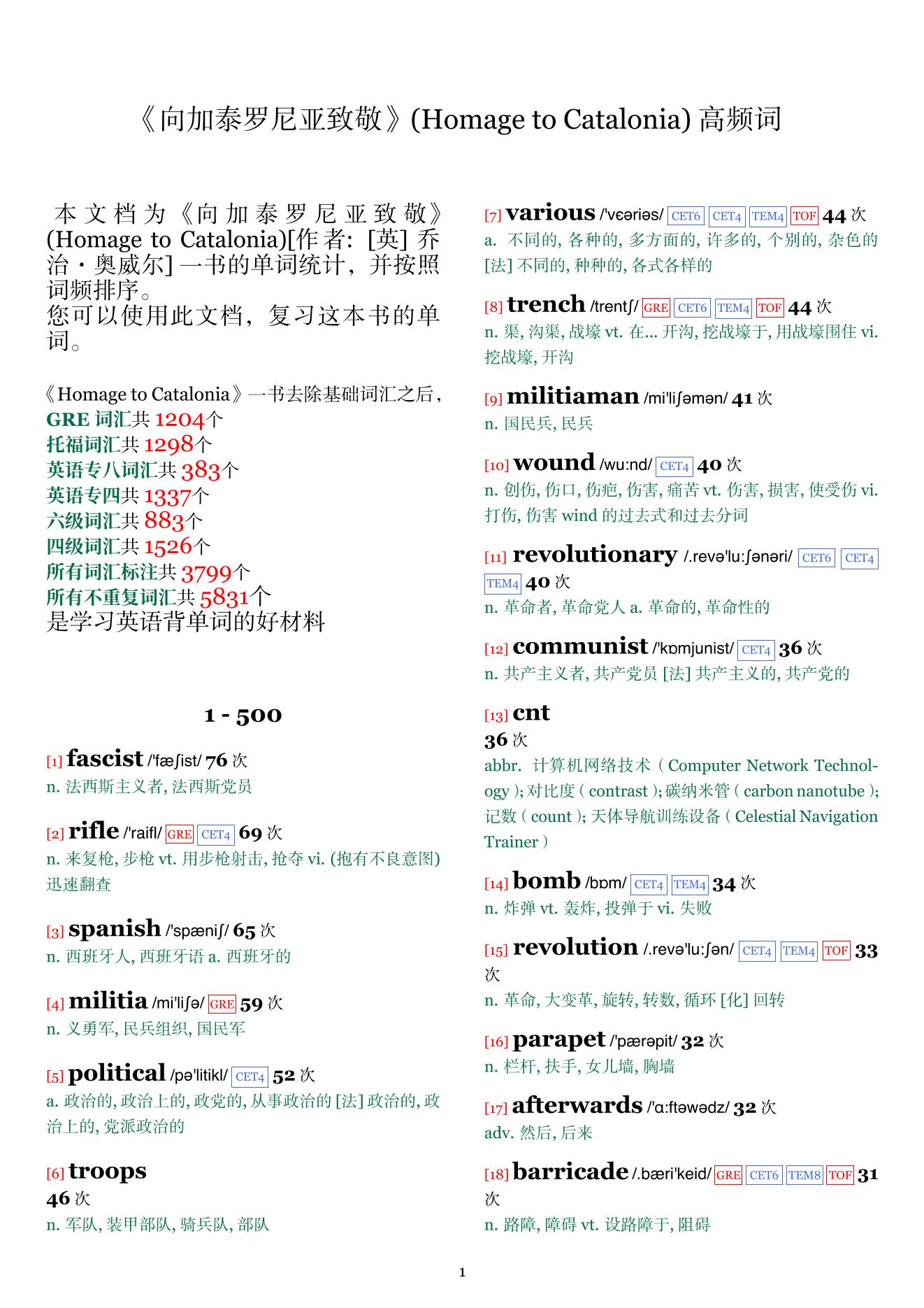 Homage to Catalonia词频统计