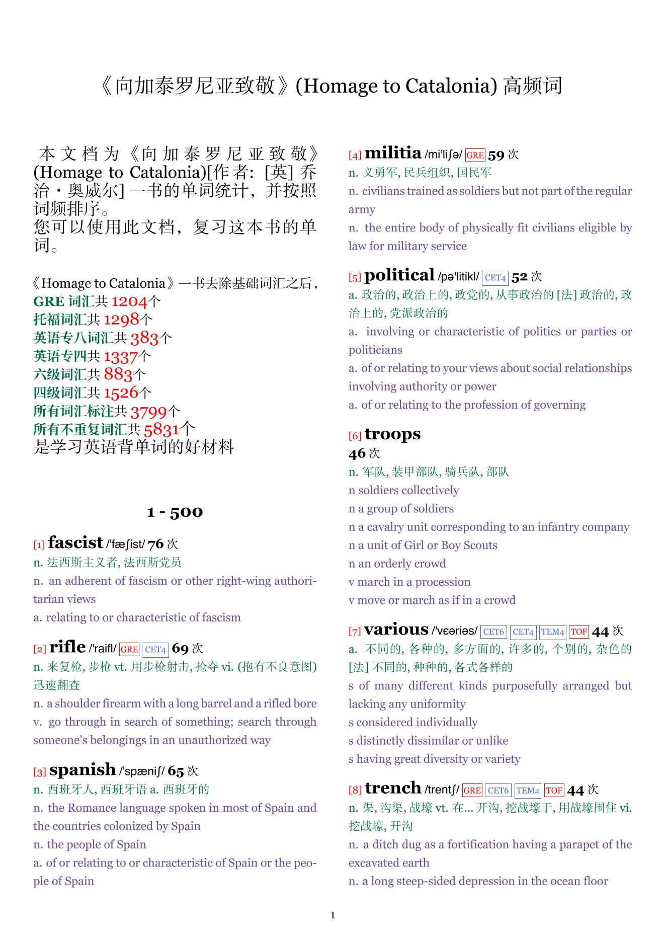 Homage to Catalonia词频统计