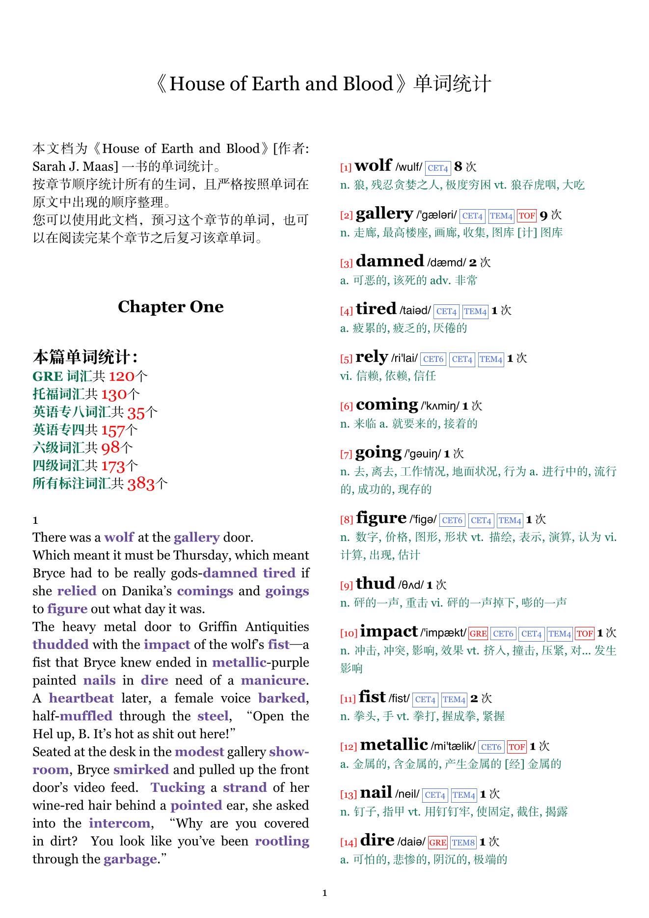House of Earth and Blood章节单词统计