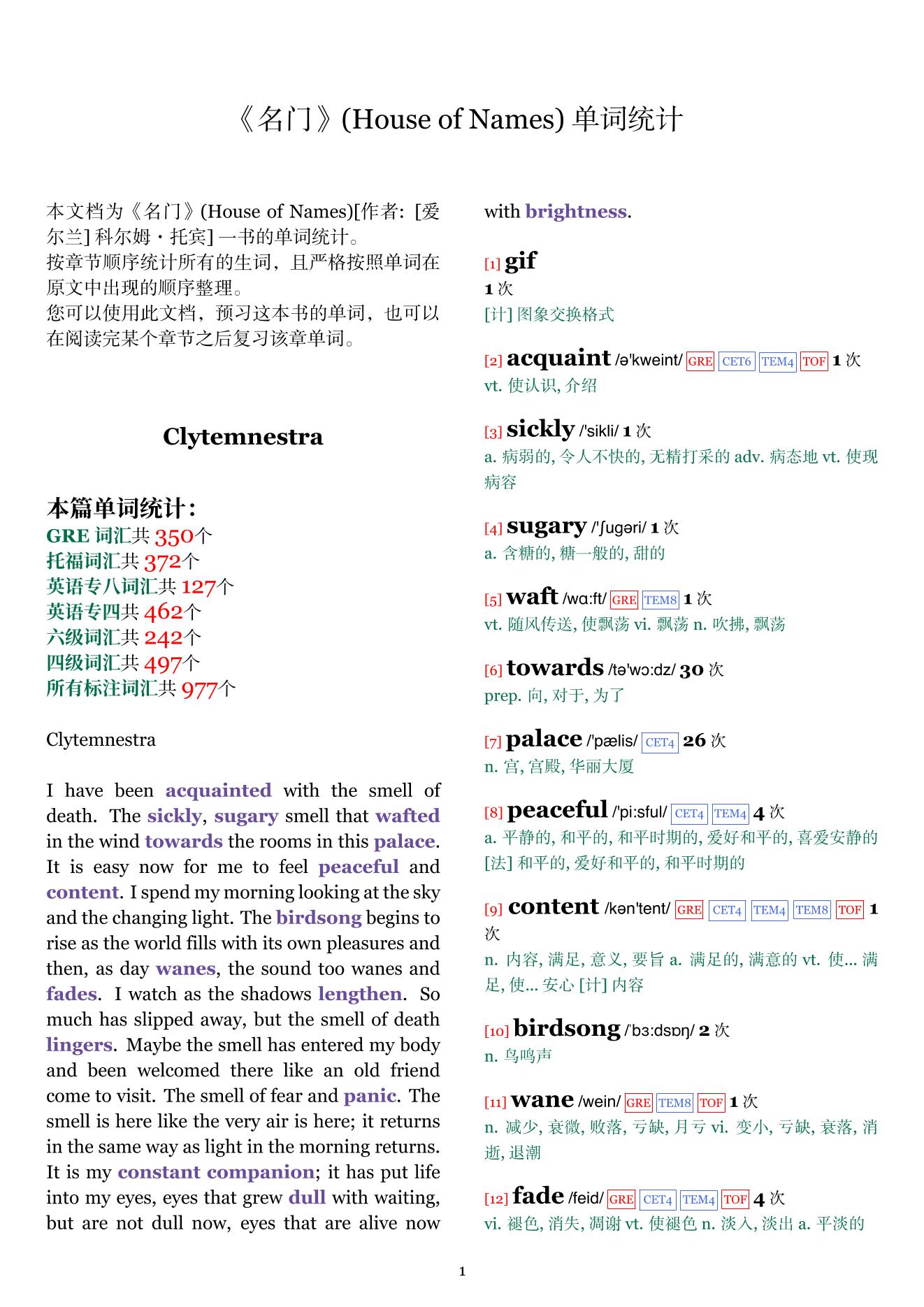 House of Names章节单词统计