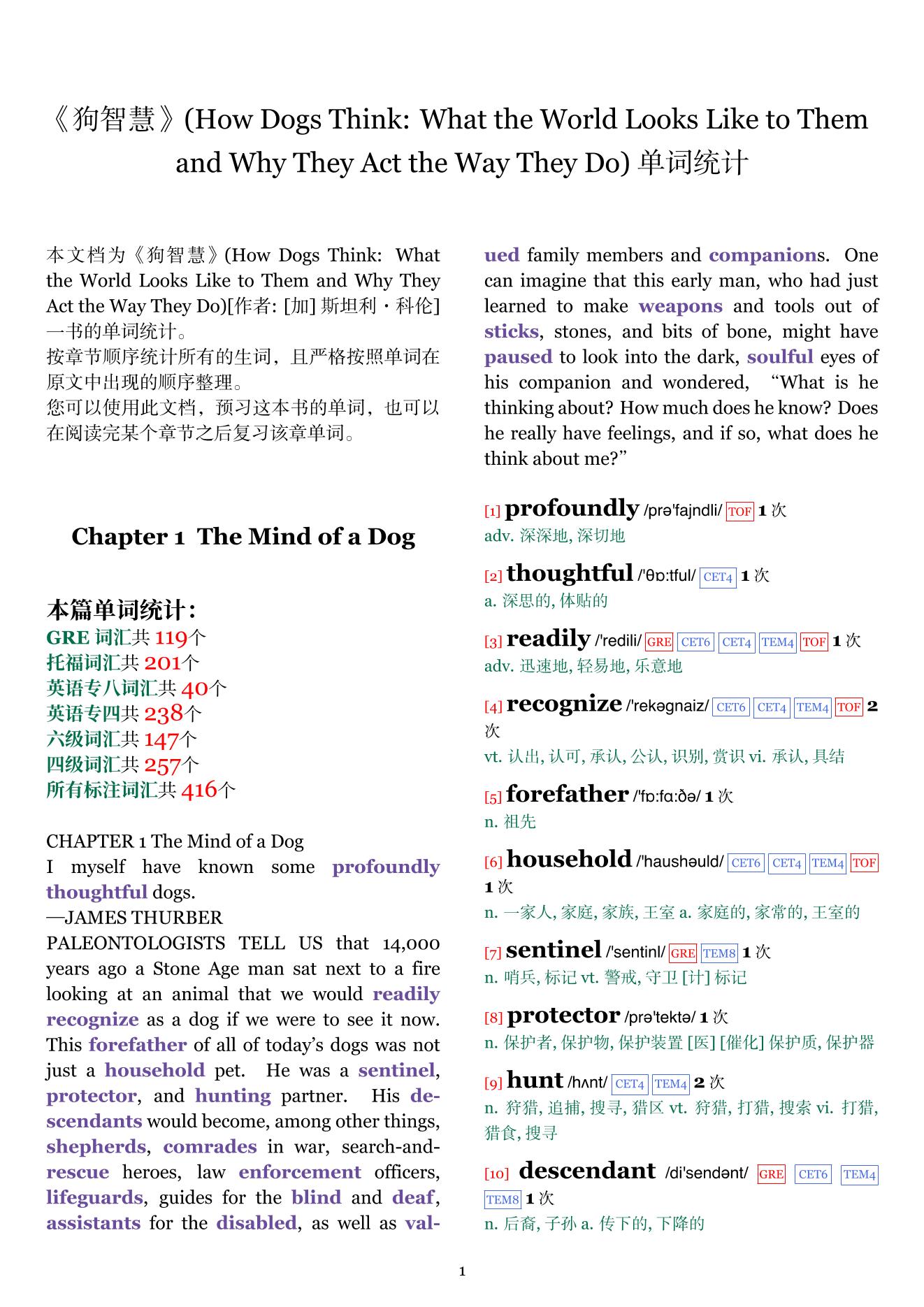 How Dogs Think: What the World Looks Like to Them and Why They Act the Way They Do章节单词统计
