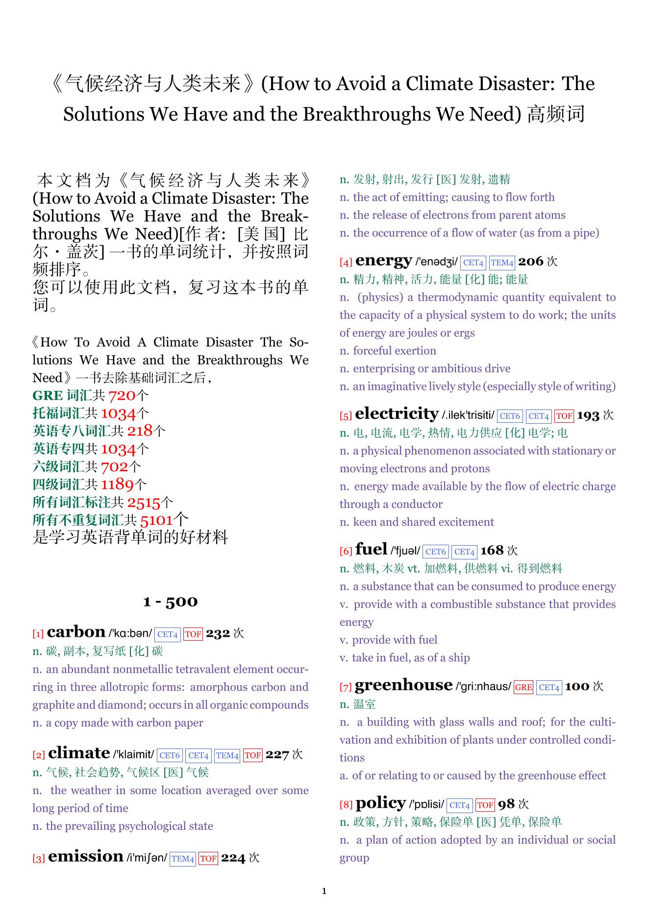 How to Avoid a Climate Disaster: The Solutions We Have and the Breakthroughs We Need词频统计